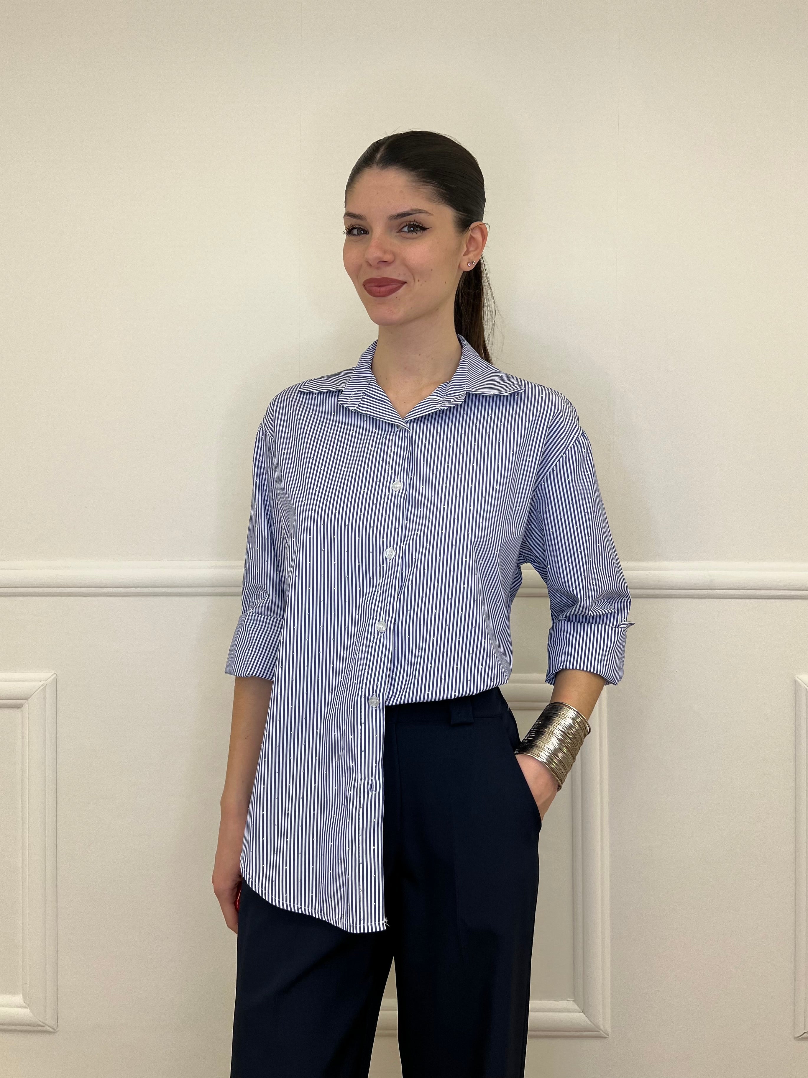Camicia a Righe Micro Strass 82046 Blu