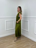 Vestito In Raso di Viscosa A00850 Verde Olio