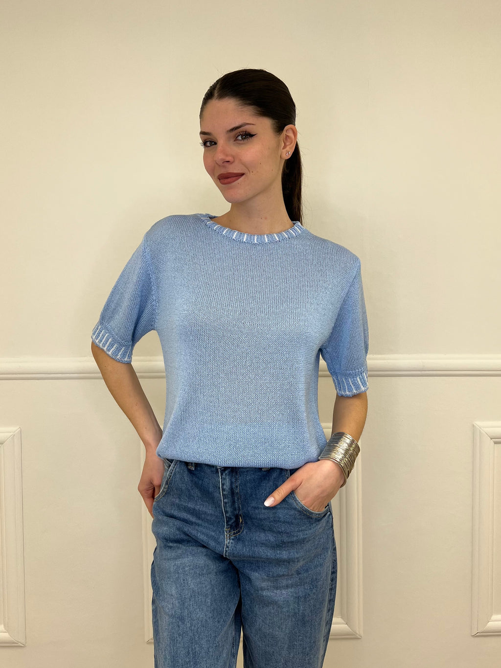 Maglia Profili a Contrasto 2780 Azzurro e Bianco