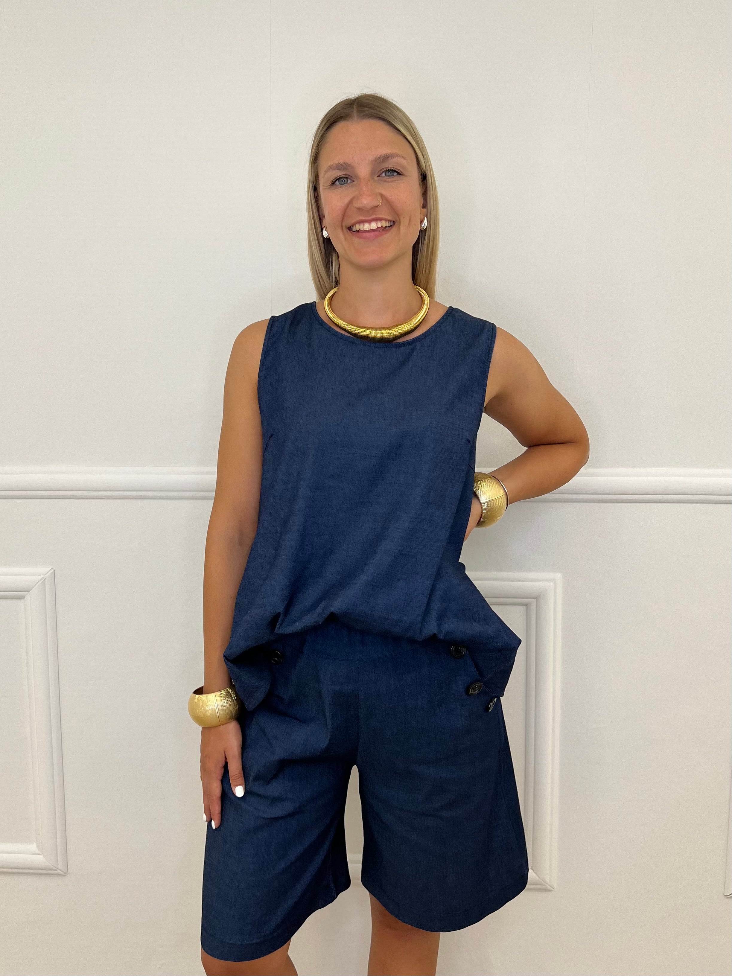 Blusa Chambray Smanicata Bottoni 2543 Blu