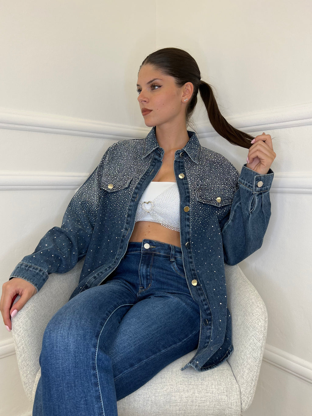 Giacca Denim Strass MF2493 - Bazar Abbigliamento