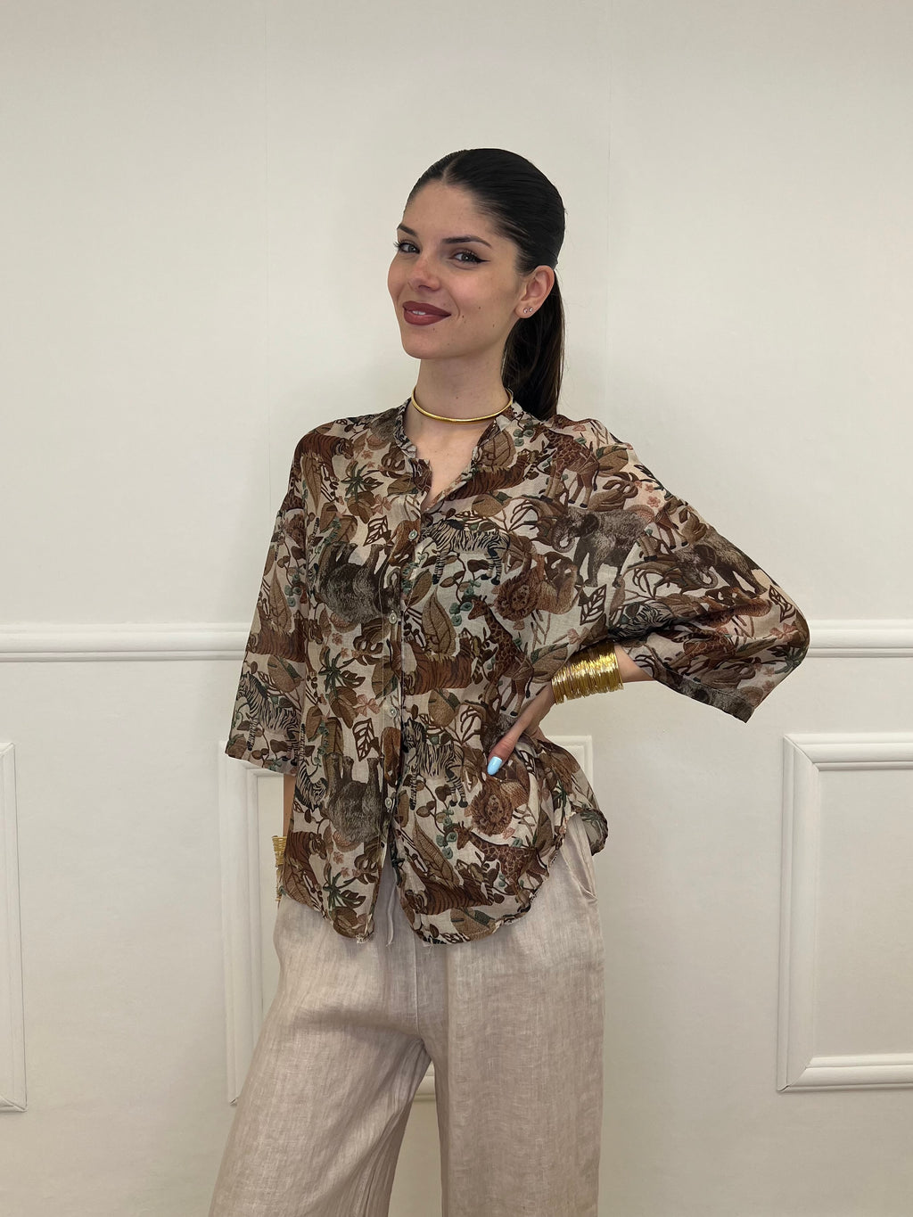 Camicia Jungle Cotone e Seta 93-242 Marrone