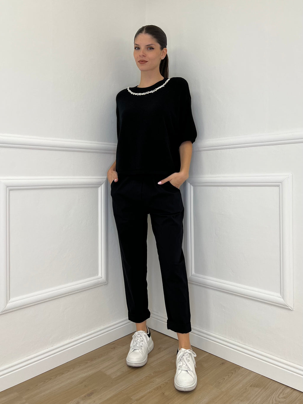 Maglia Scatoletta Cristalli 55672 Nero - Bazar Abbigliamento