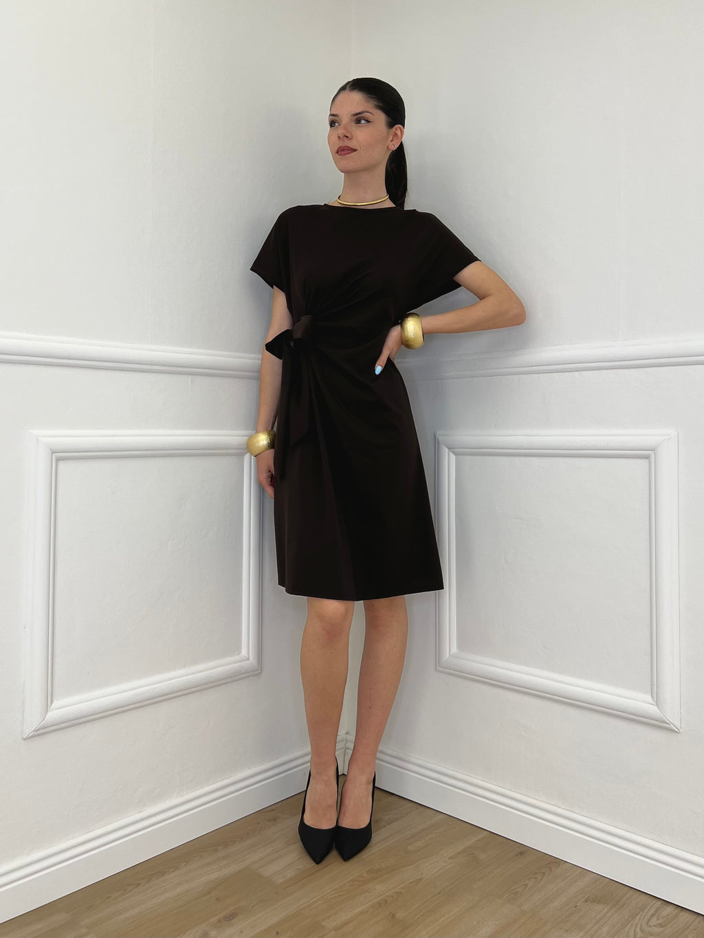 Vestito Con Drappeggio e Fiocco 4782 Marrone