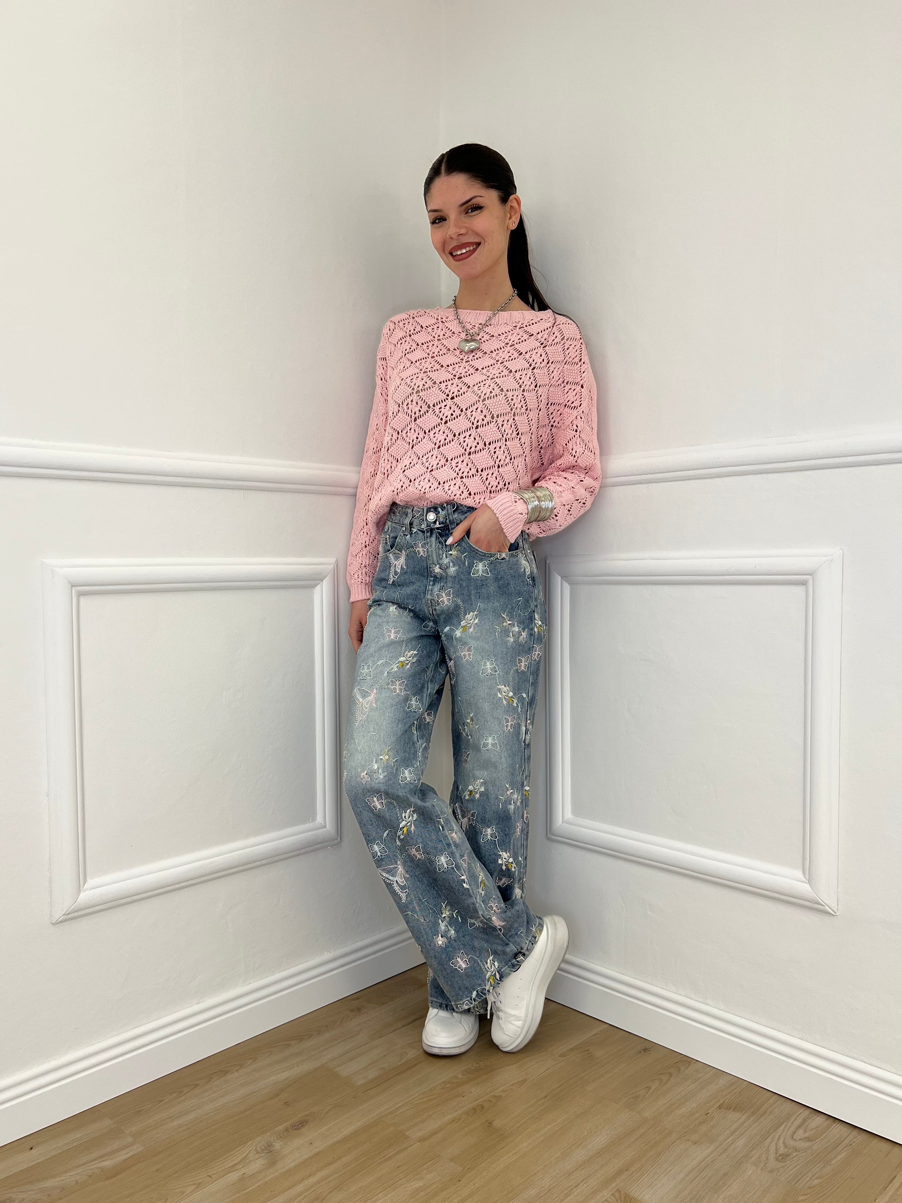 Maglia Jacquard Traforata 82618 Rosa