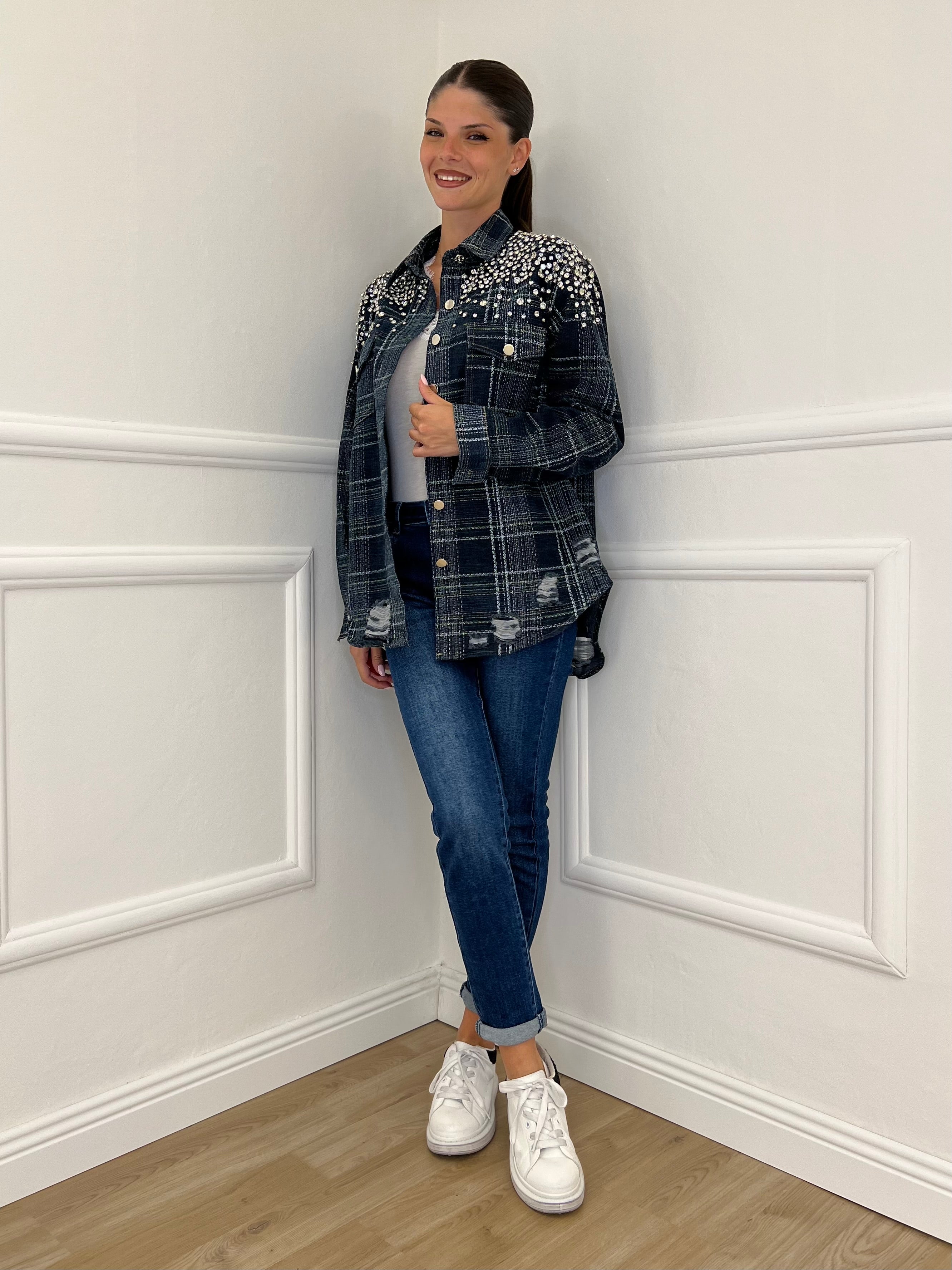 Giacca Denim Check Cristalli MF2530 Blu - Bazar Abbigliamento
