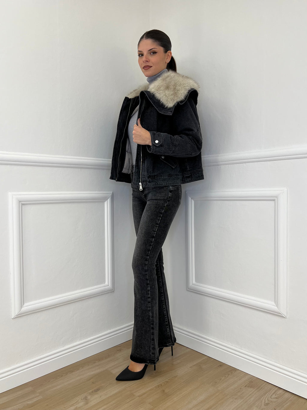 Fur Denim Jacket DL30037 Grey