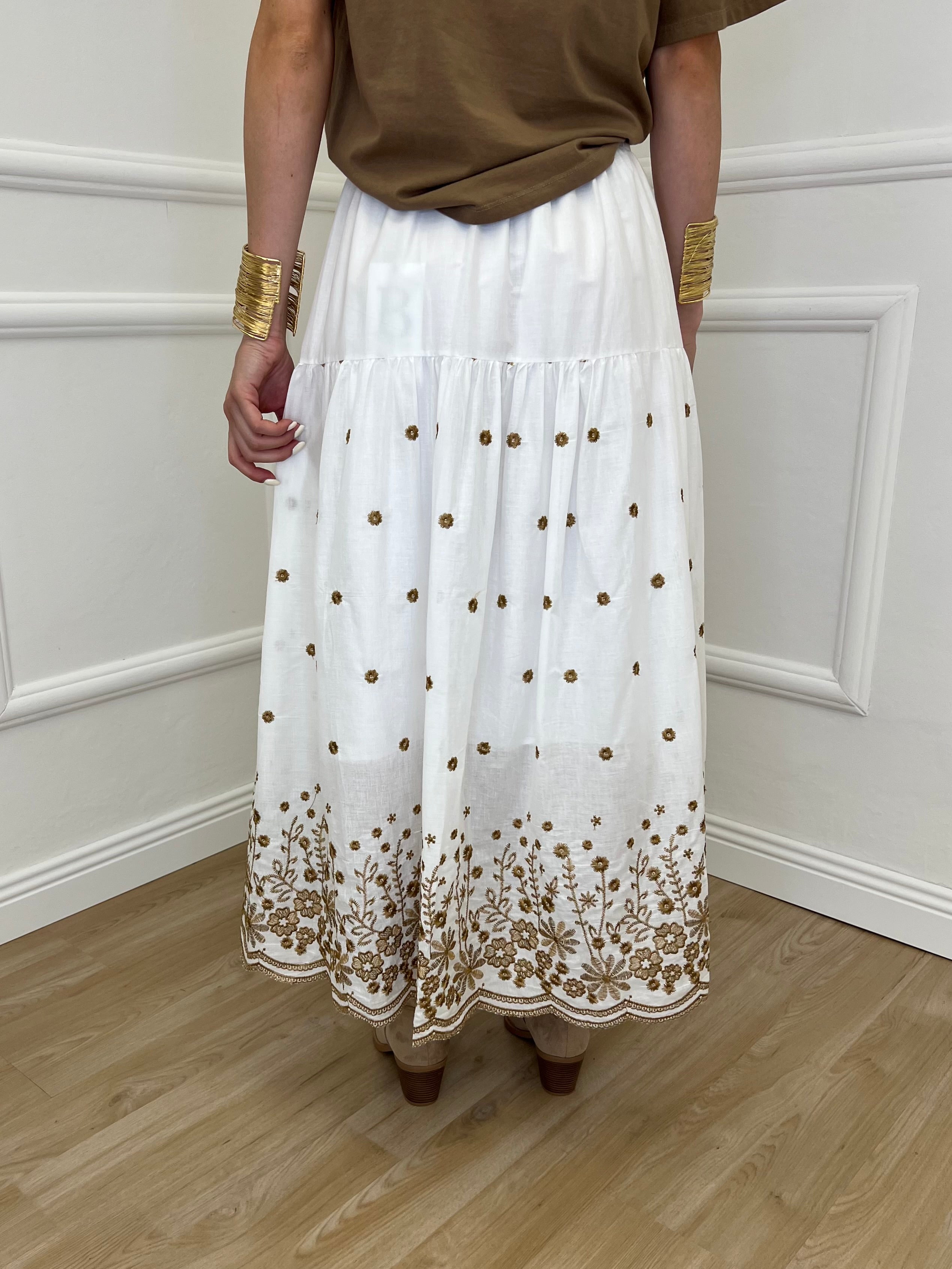 Gonna Midi Cotone Ricami 50138 Bianco