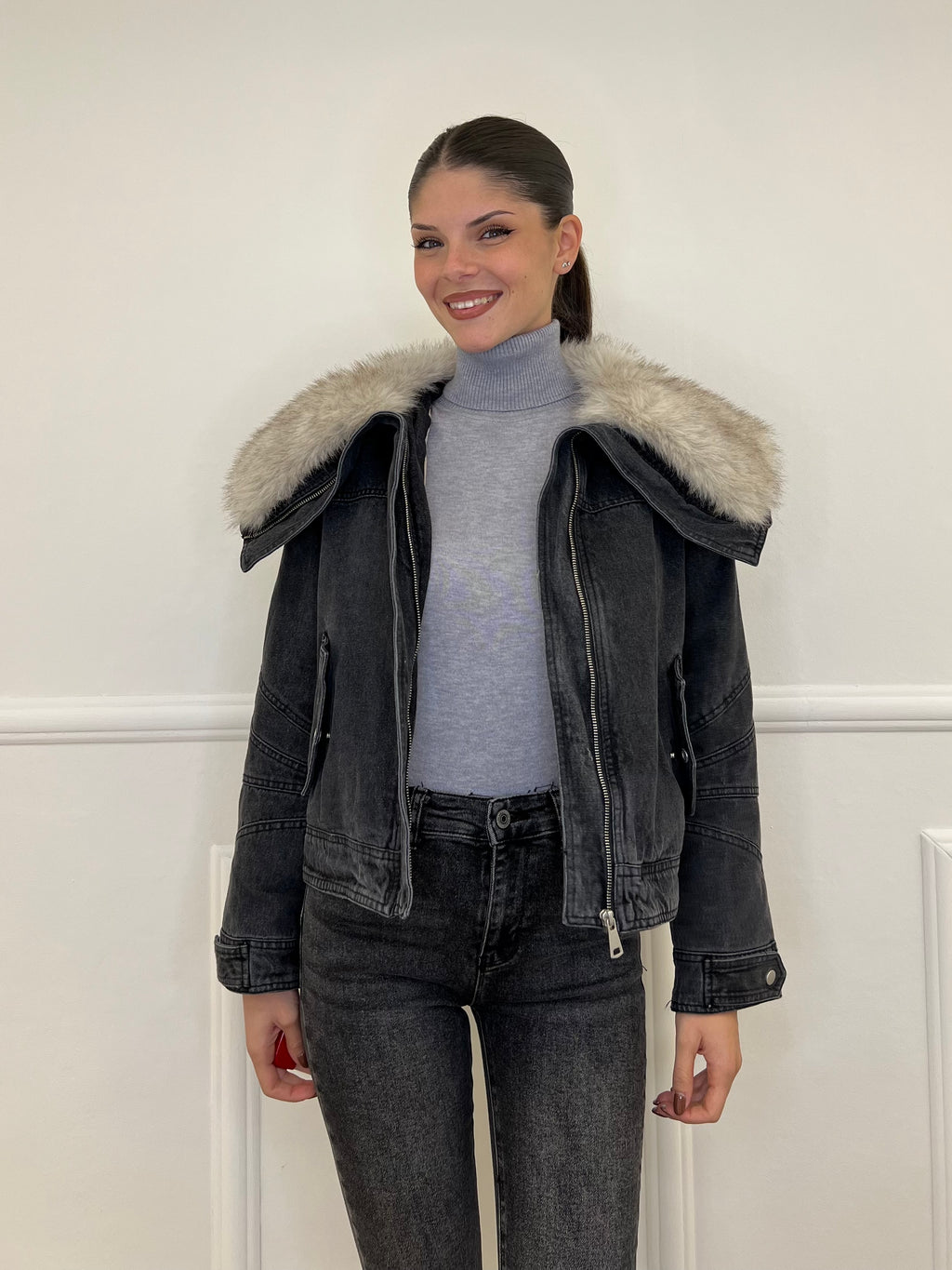 Fur Denim Jacket DL30037 Grey