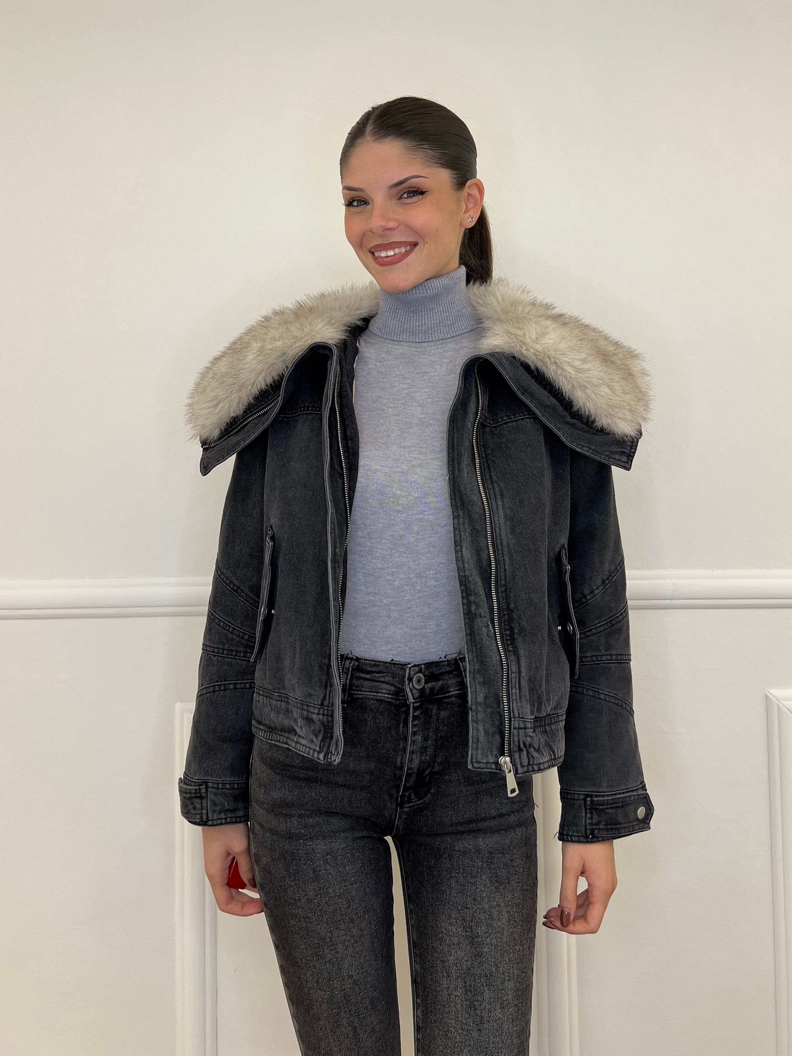 Giaccone Denim Pelliccia DL30037 Grigio