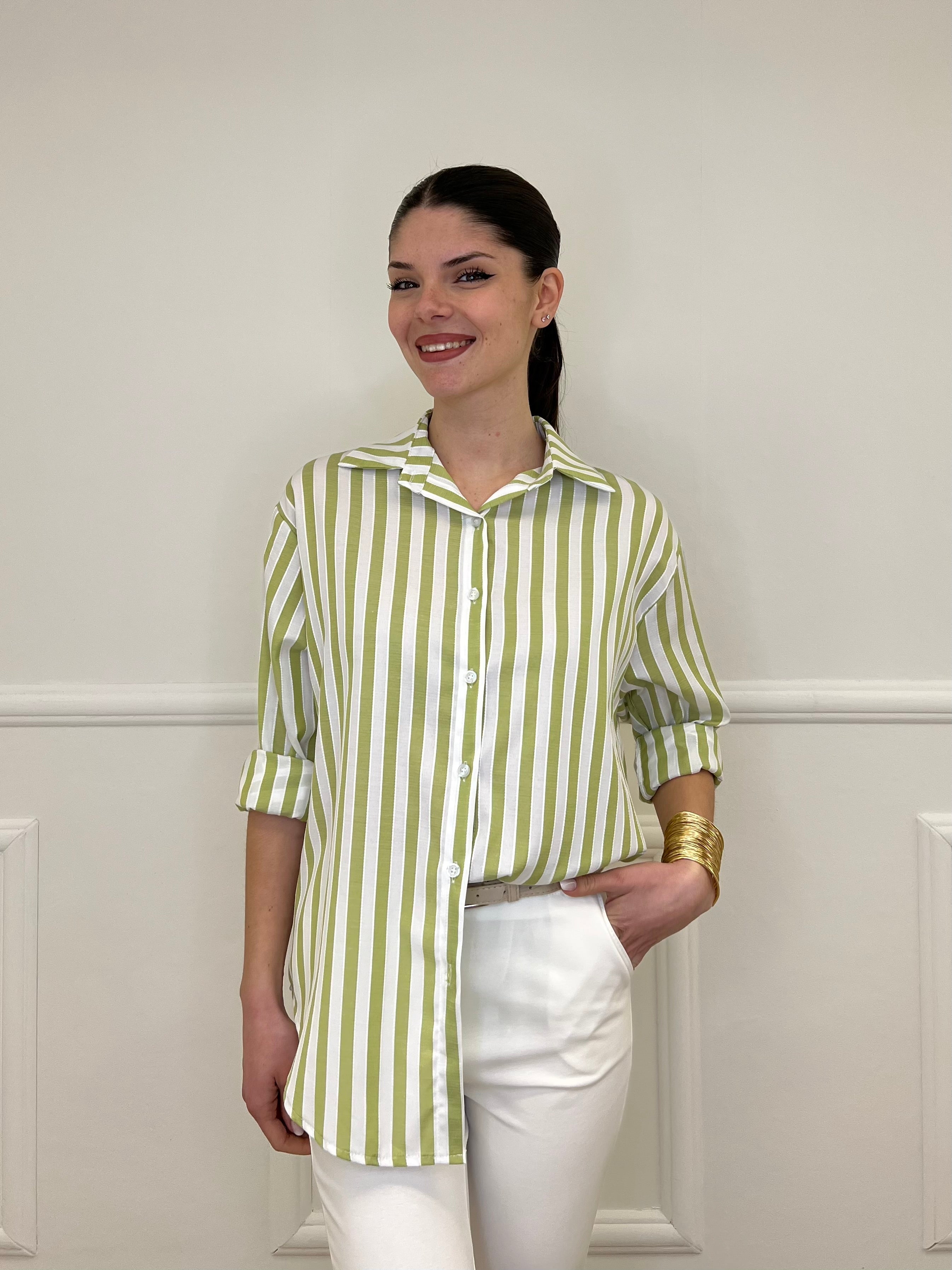 Camicia In Cotone a Righe 82062 Verde