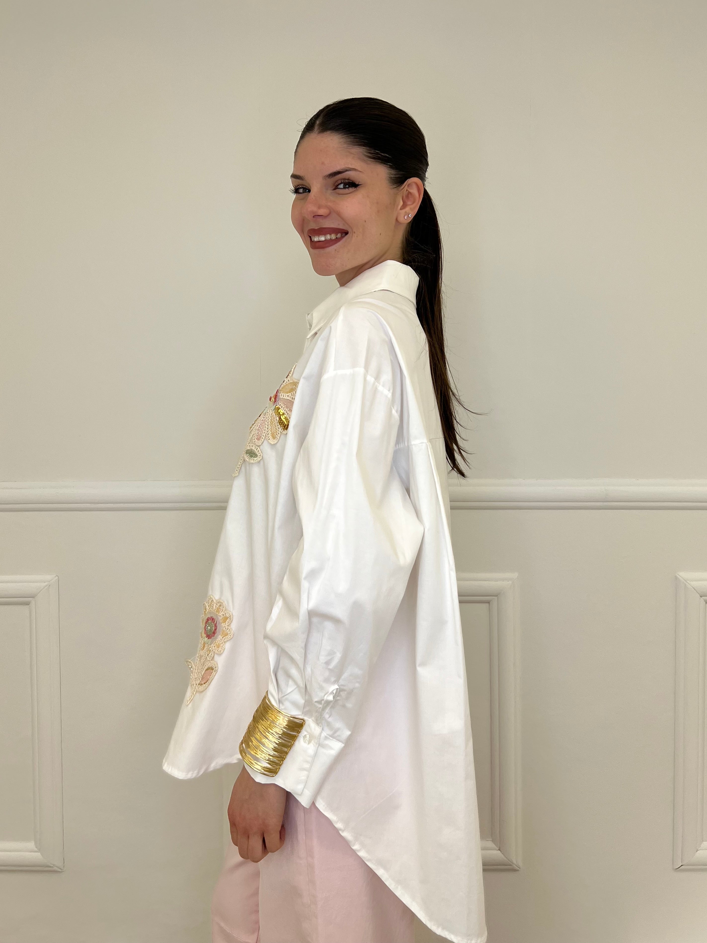 Maxi Camicia Fiori Paillettes 19892 Bianco