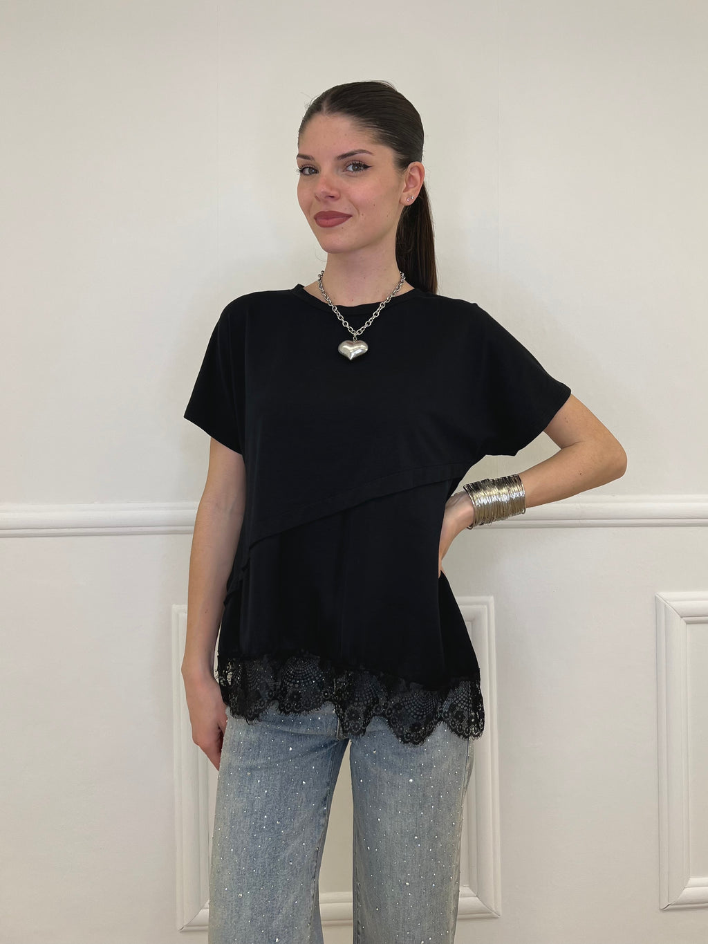 Maglietta Combinata Con Pizzo 20611 Nero