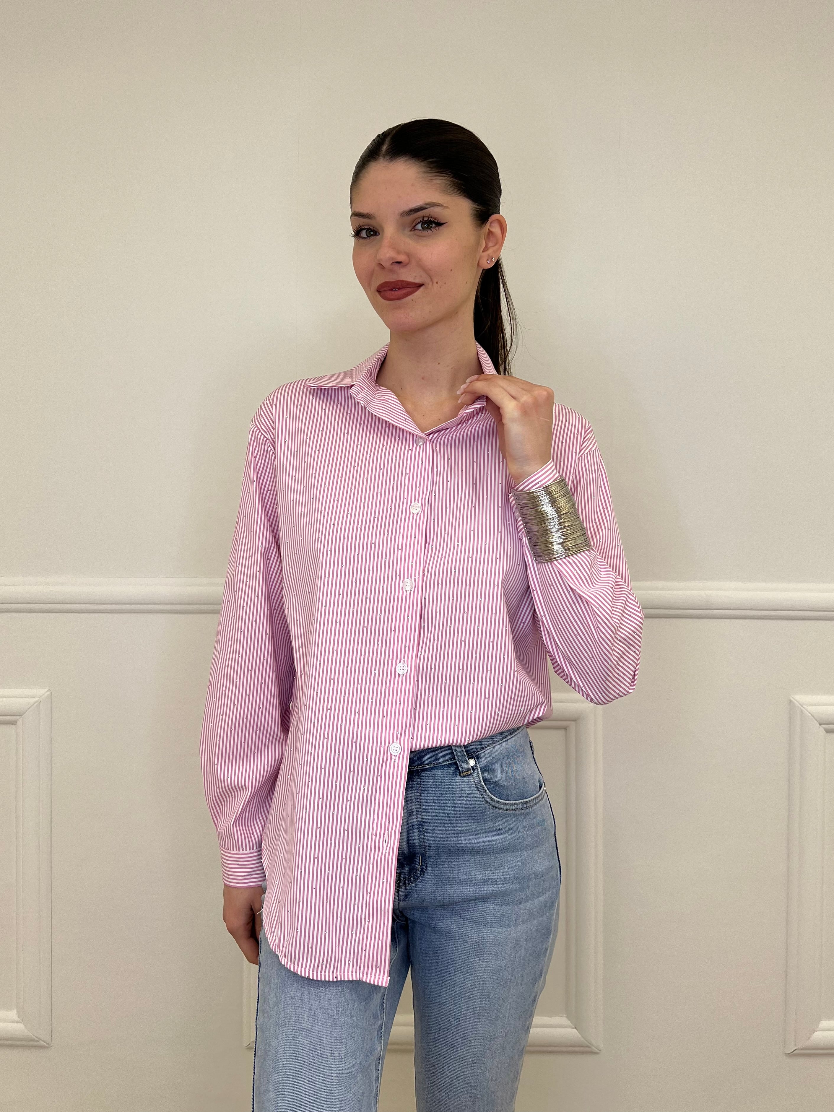 Camicia a Righe Micro Strass 82046 Rosa