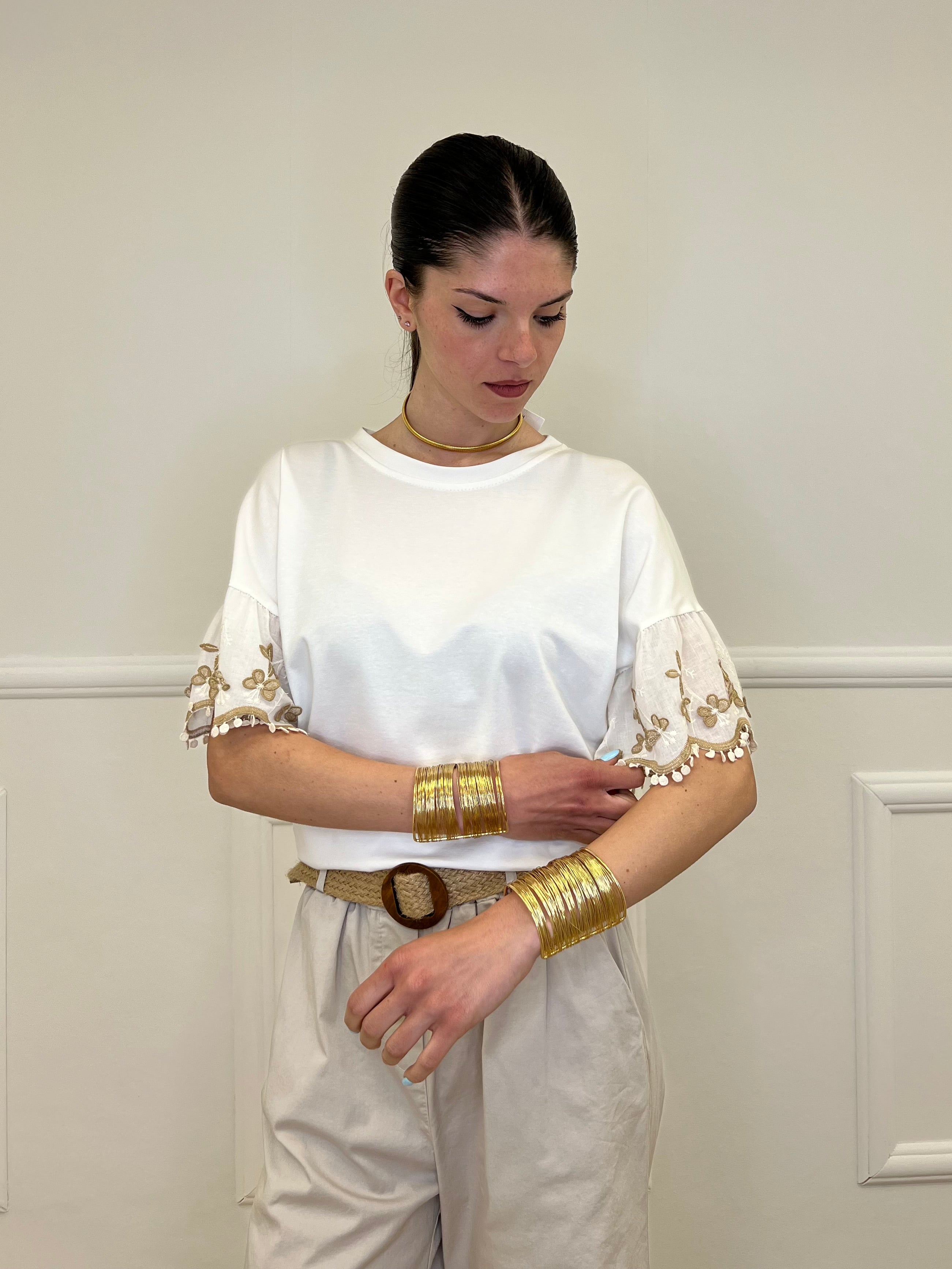 T-shirt Maniche Ricamate Farfalle 8229 Bianco