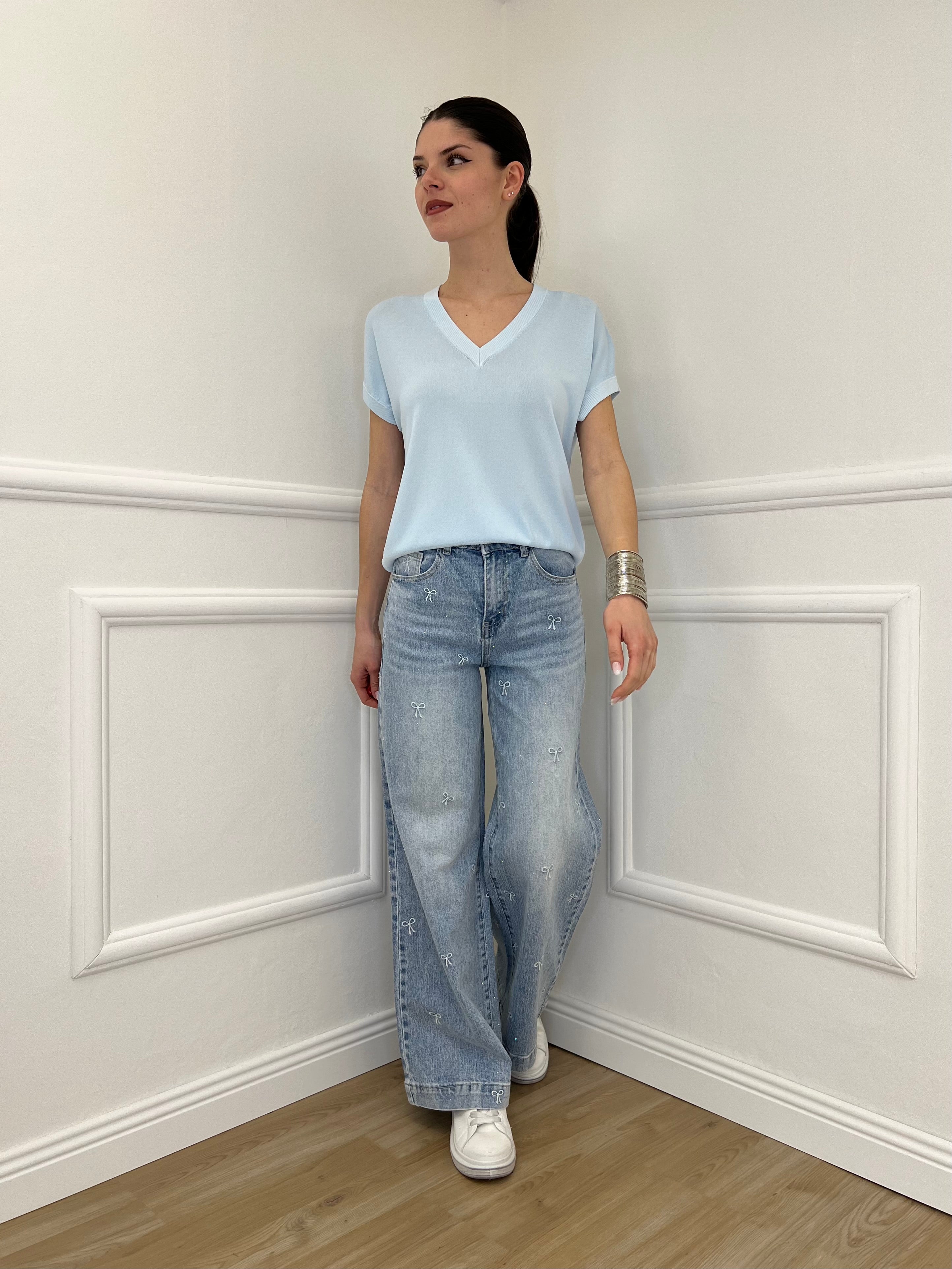 Jeans Con Fiocchi Ricamati e Strass 5354 Azzurro