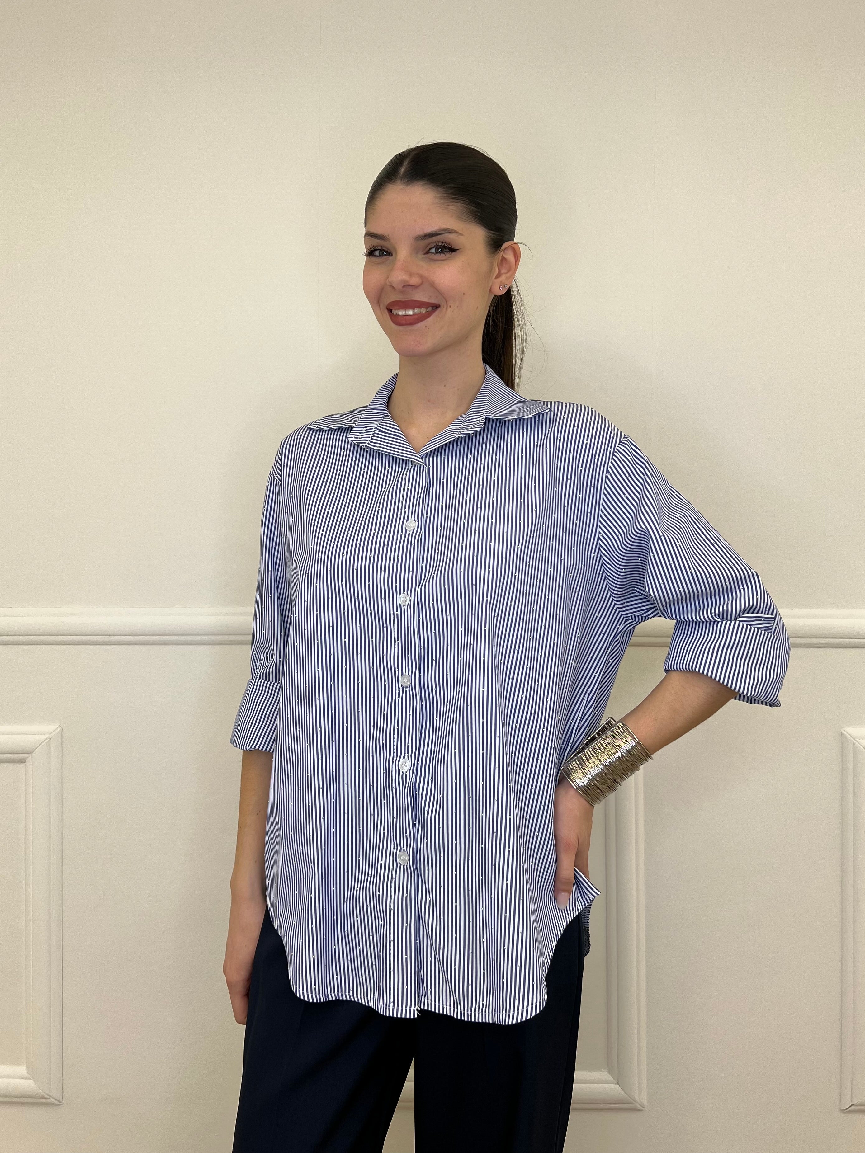 Camicia a Righe Micro Strass 82046 Blu