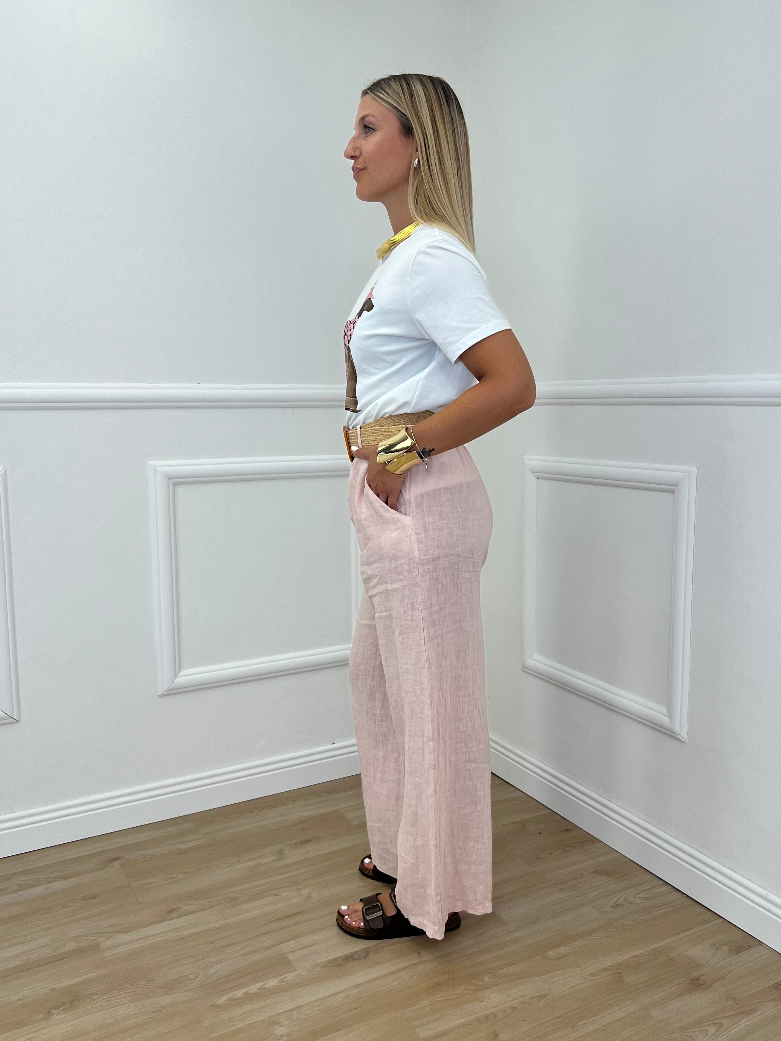 Pantalone Lino Cintura 22525-2 Rosa