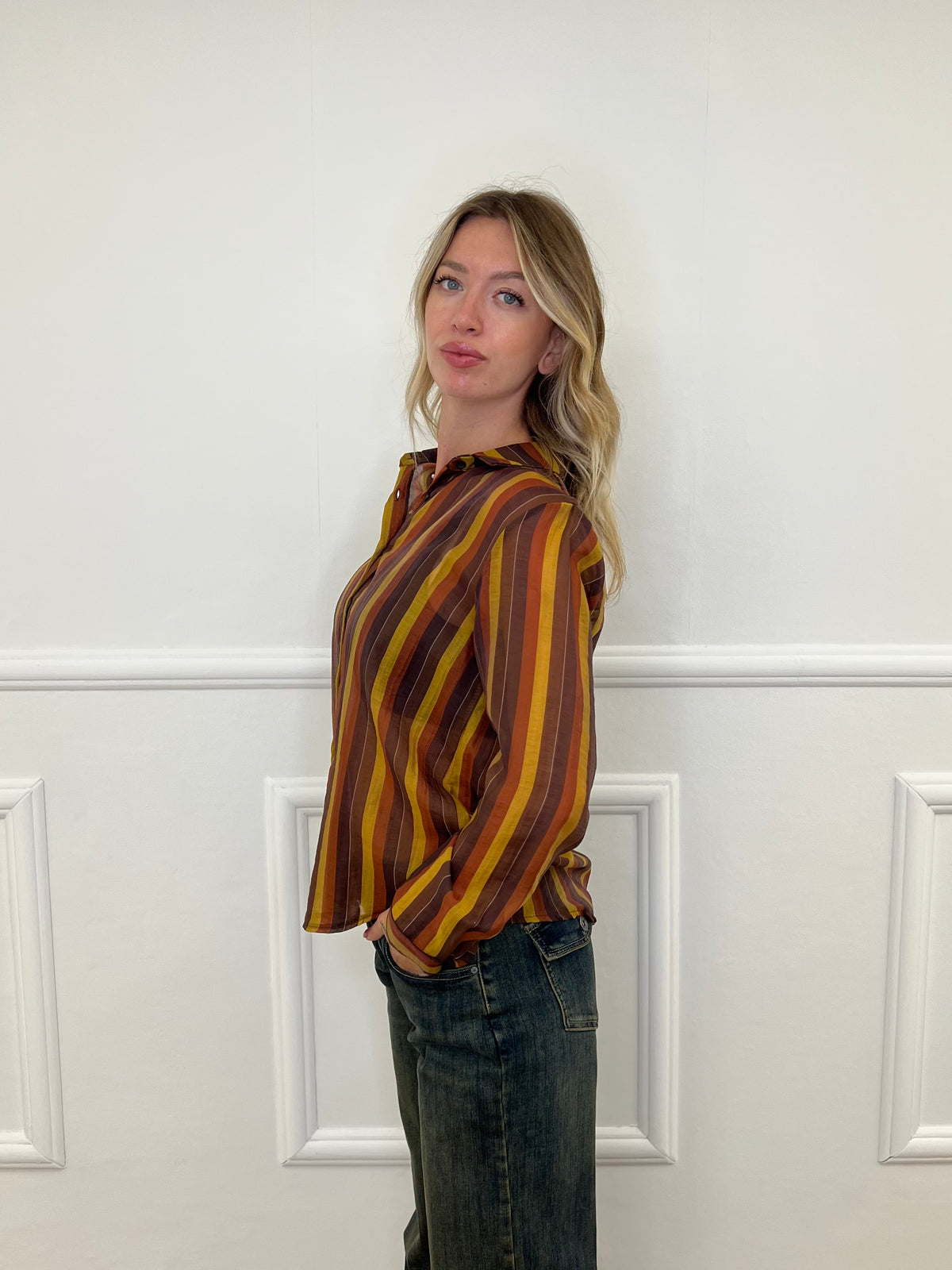 Camicia in Tencel a Righe 3957 Marrone