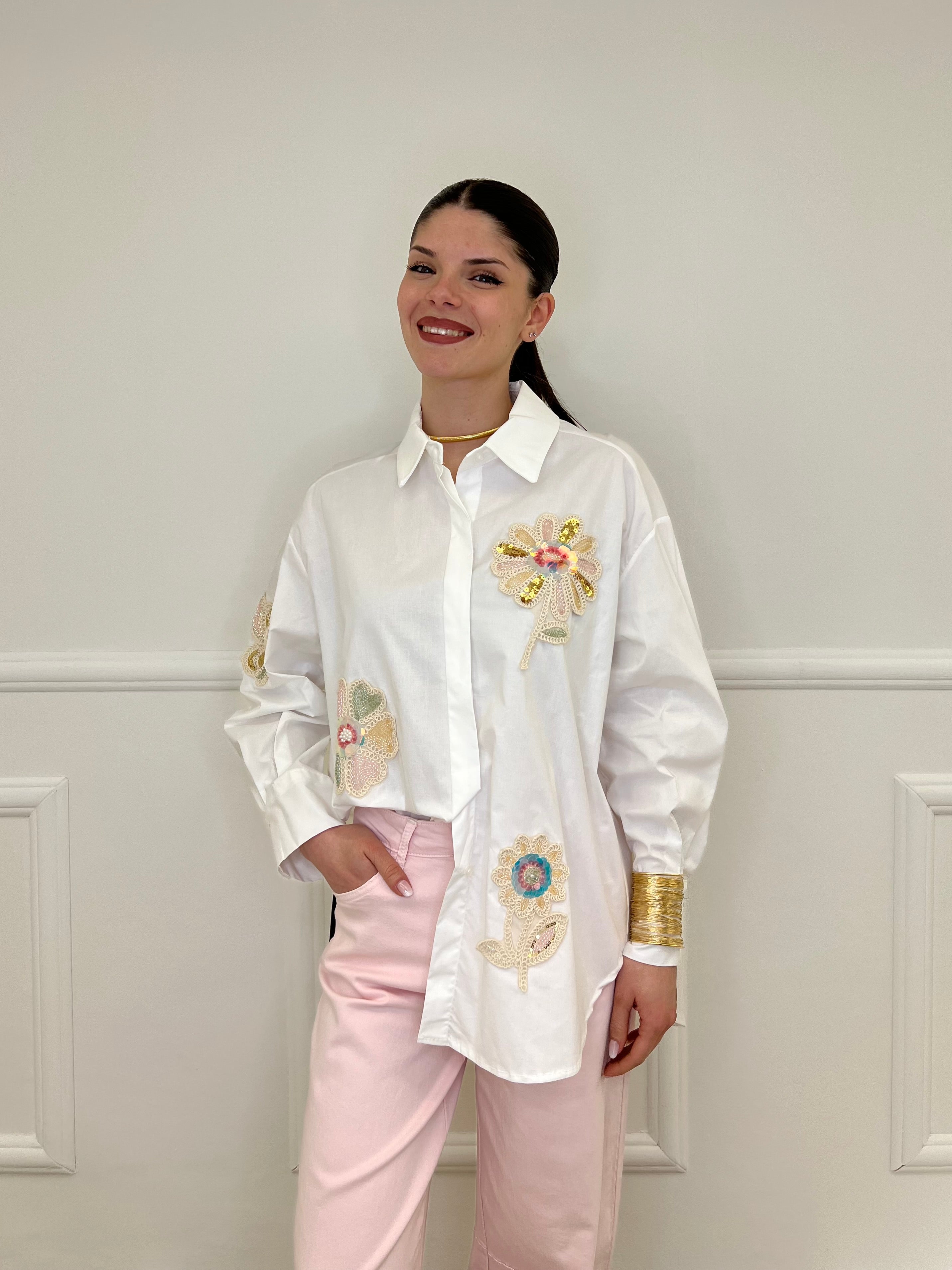 Maxi Camicia Fiori Paillettes 19892 Bianco