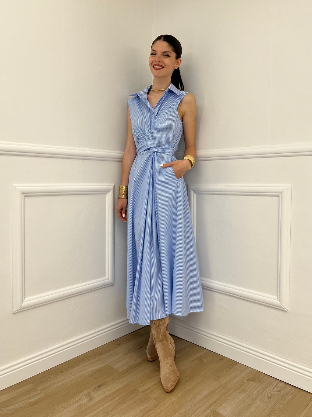 Abito Smanicato Incrocio a Righe 4987 Azzurro