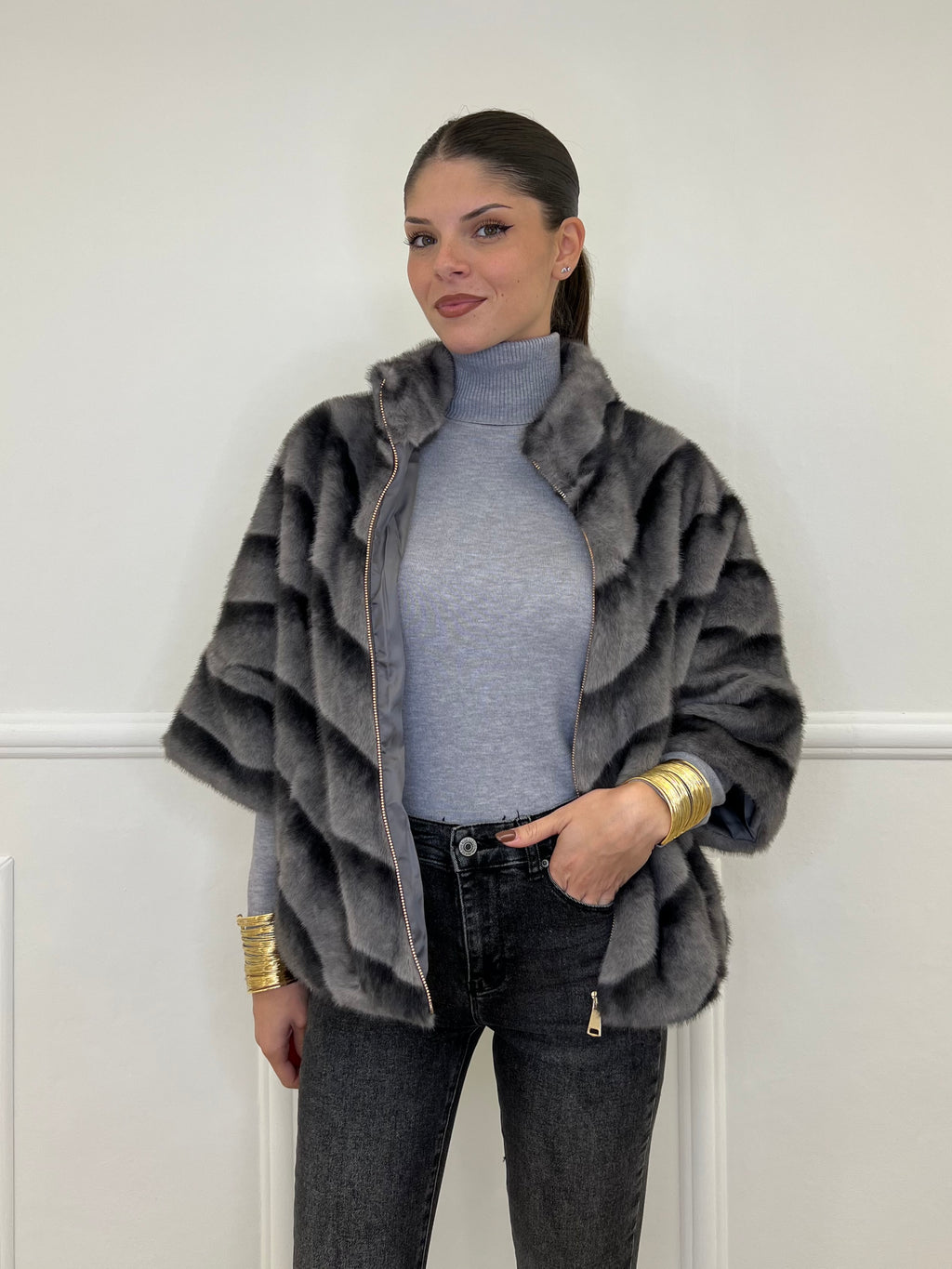 Chevron Fur Coat C037 Grey