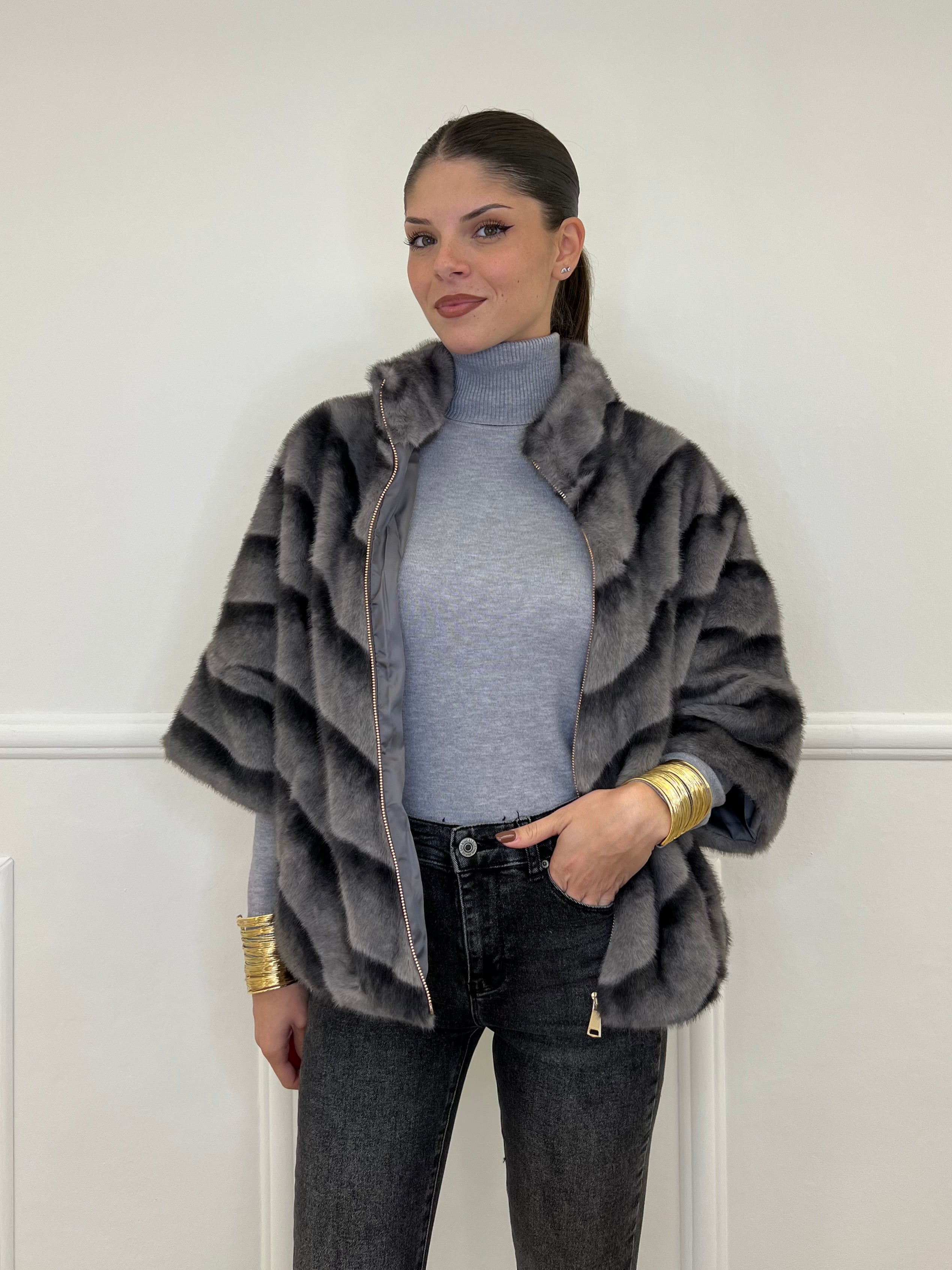 Chevron Fur Coat C037 Grey