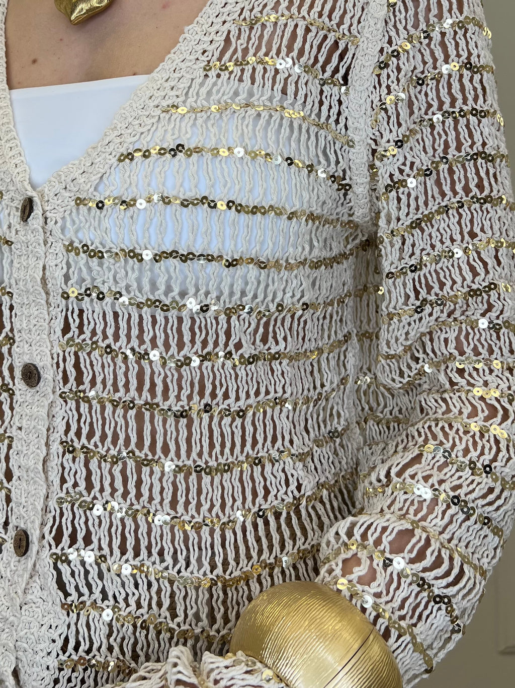 Cardigan In Cotone Con Paillettes 28142 Ecru