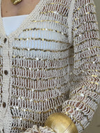 Cardigan In Cotone Con Paillettes 28142 Ecru