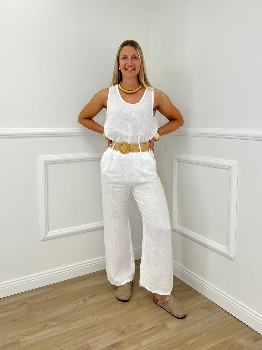 Pantalone Lino Cintura 22525-2 Bianco