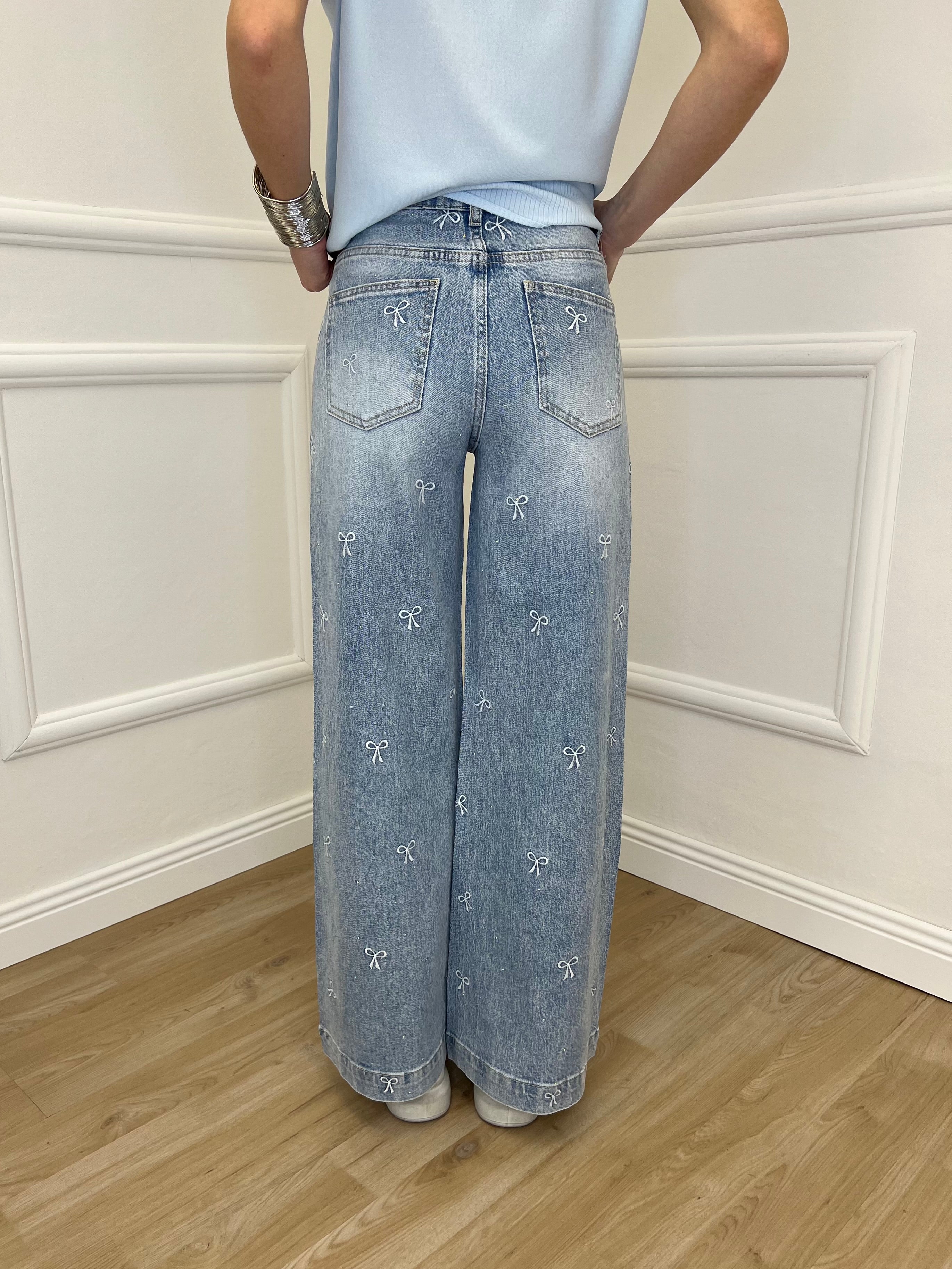 Jeans Con Fiocchi Ricamati e Strass 5354 Azzurro