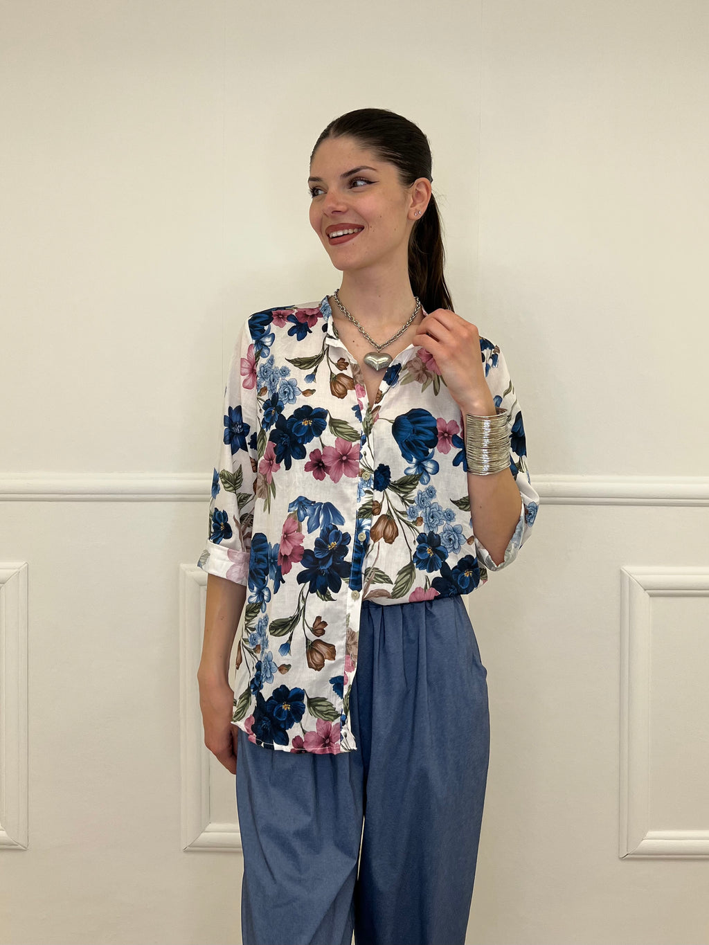 Camicia Fiori Strop Coreana 2588 Blu
