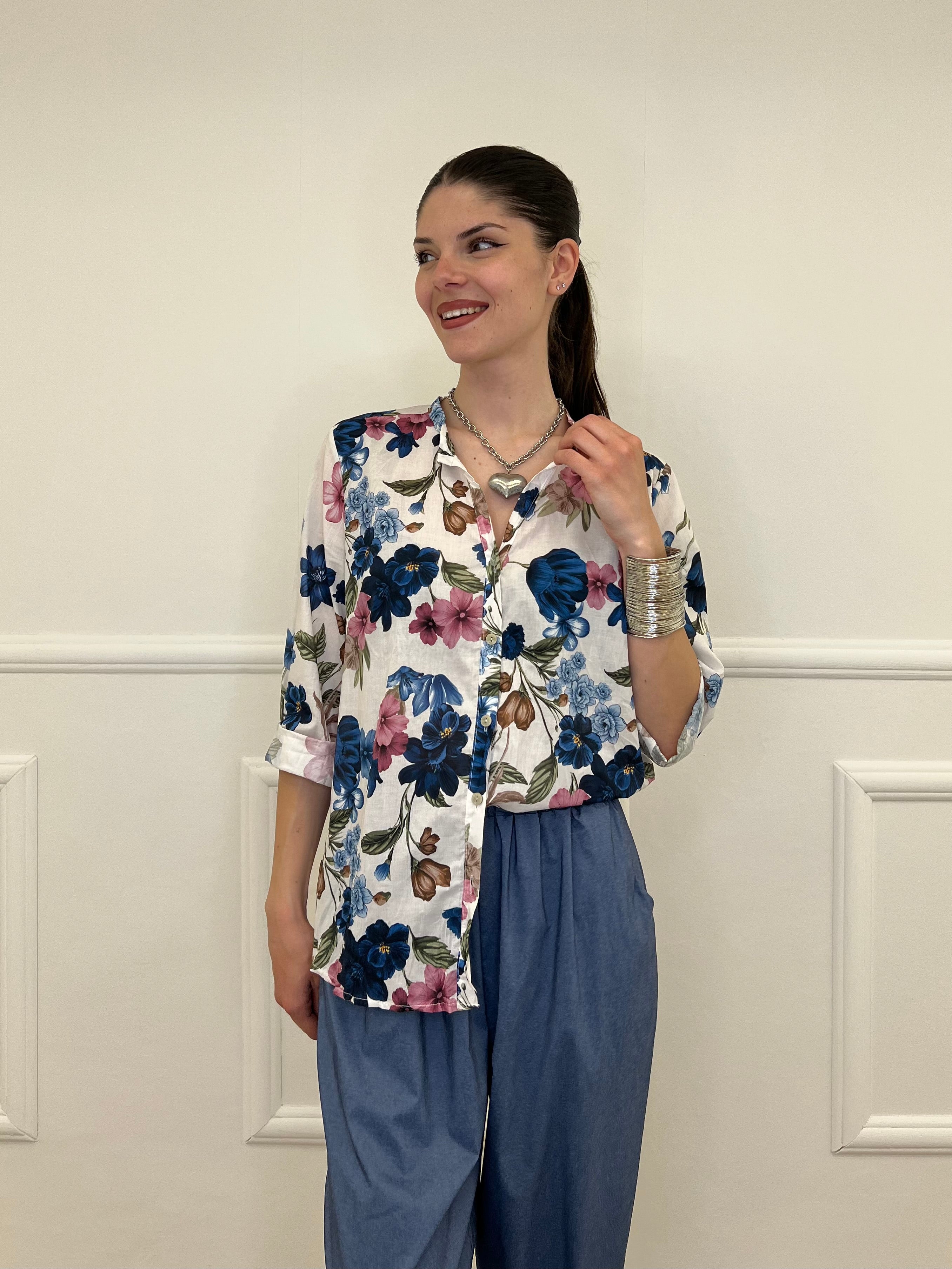 Camicia Fiori Strop Coreana 2588 Blu