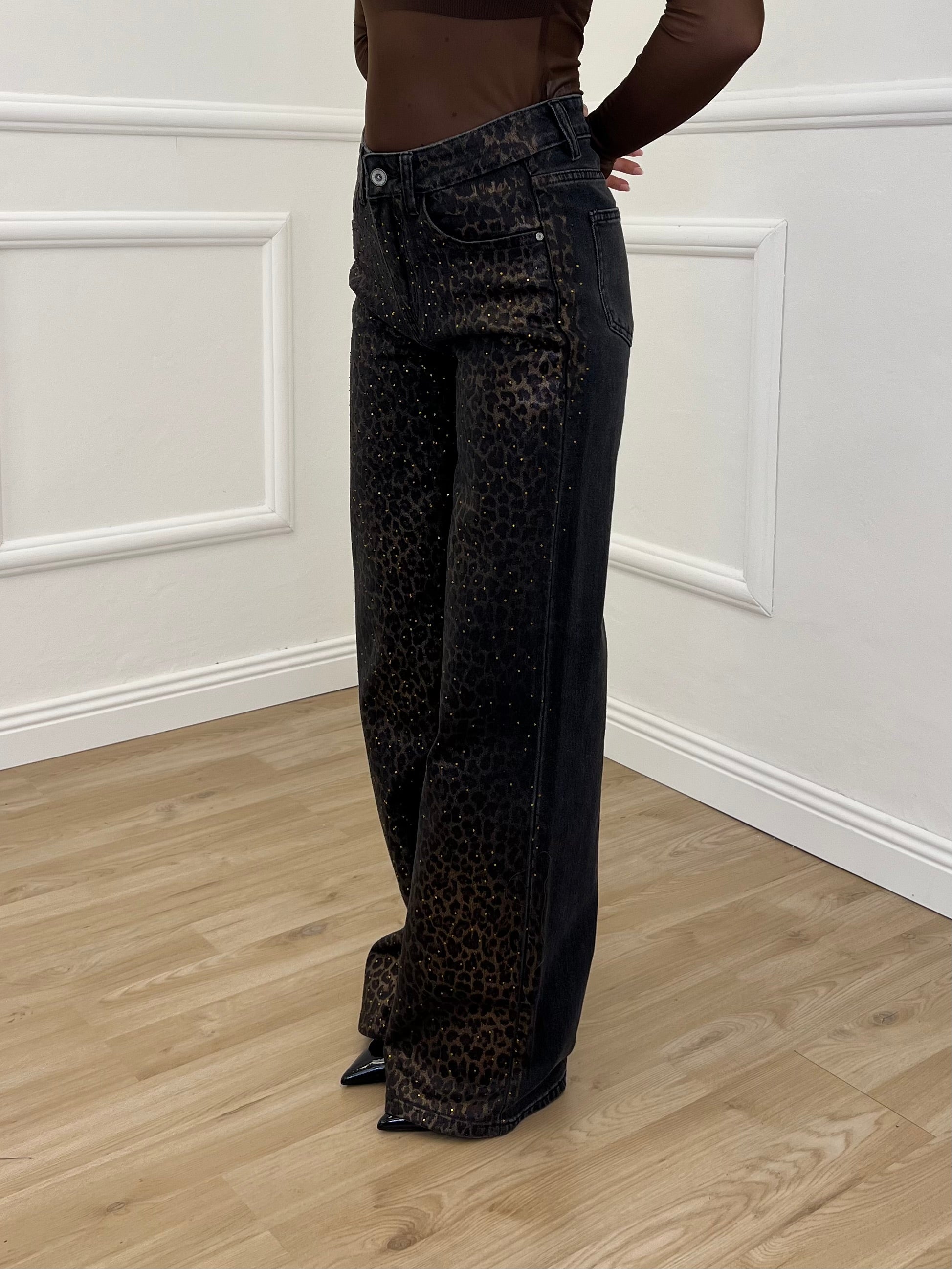 Jeans Spalmato Animalier Strass 9287 Nero