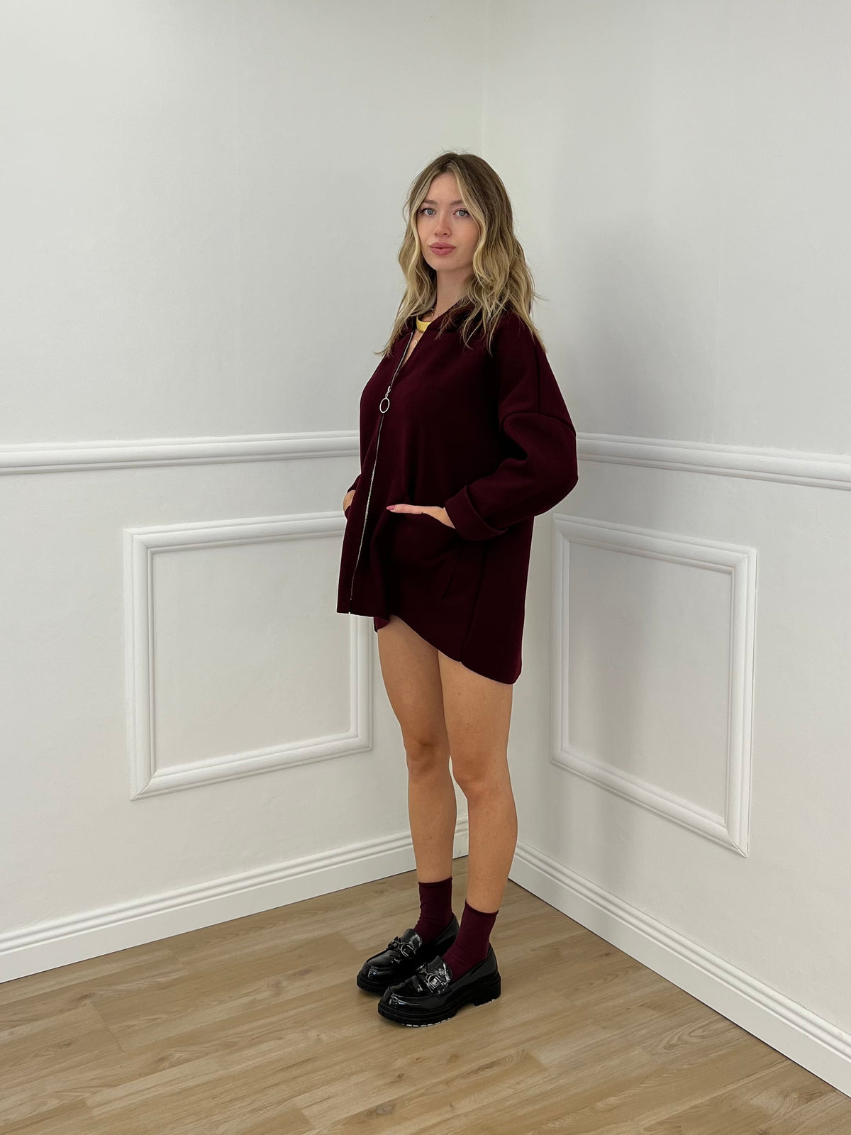 Maxi Giacca in Panno con Zip 5075 Burgundy