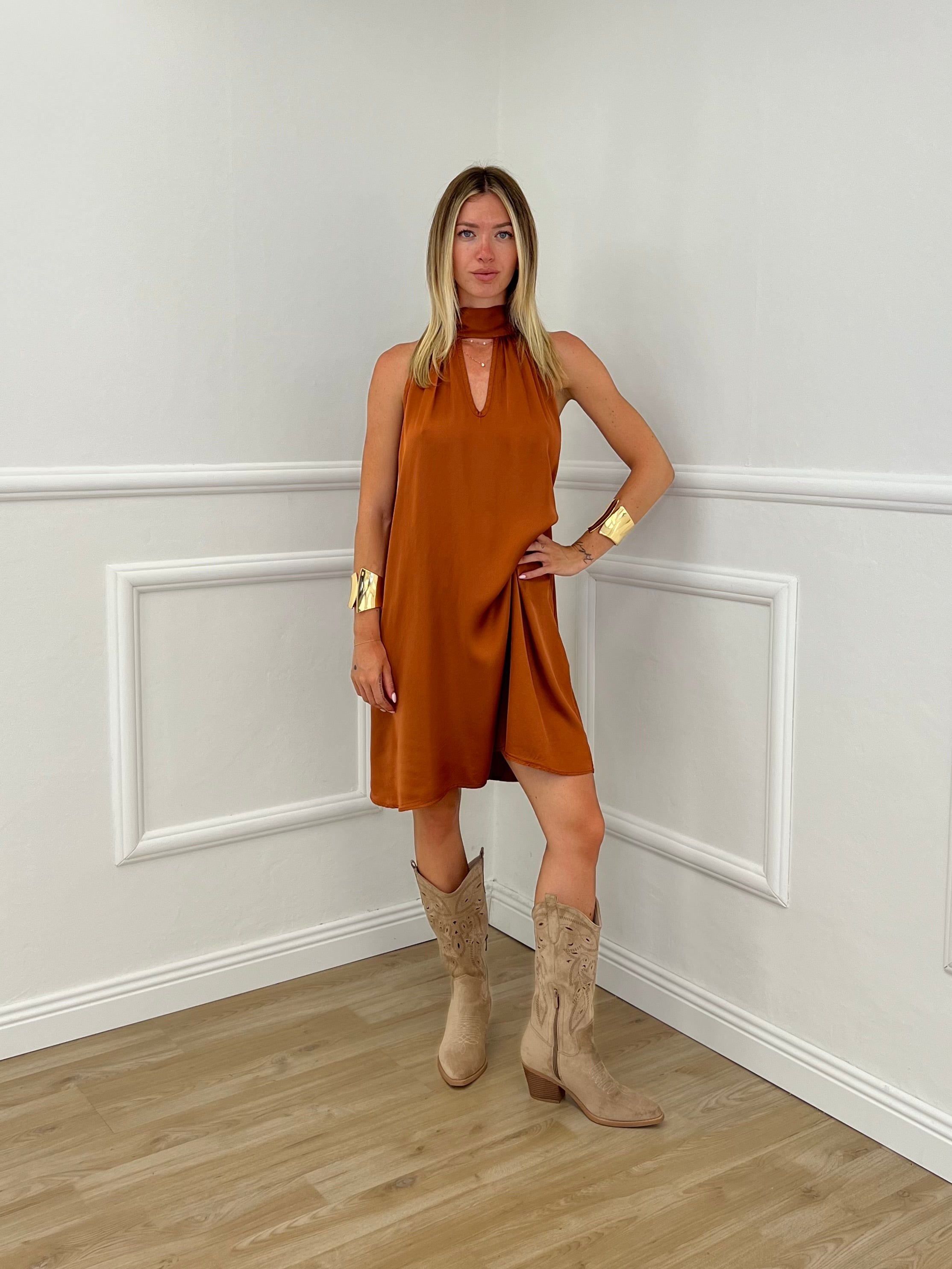 Vestito Halter In Raso Di Viscosa 9535 Rame
