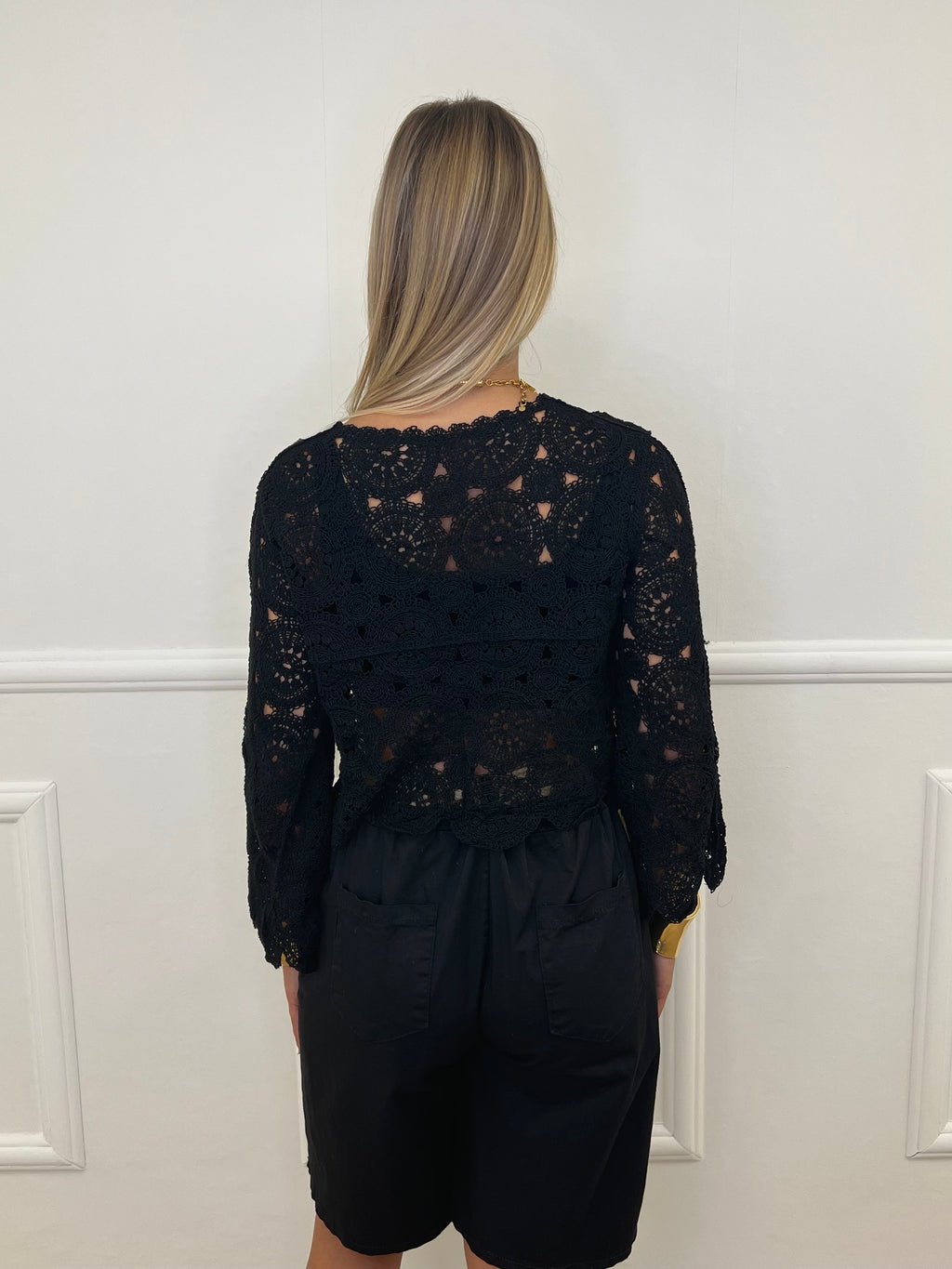 Cardigan Crop Crochet C226 Nero