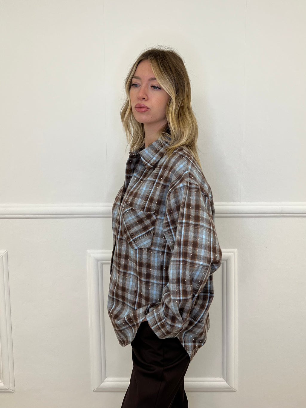 Camicia Check Strass 19108 Azzurro e Marrone