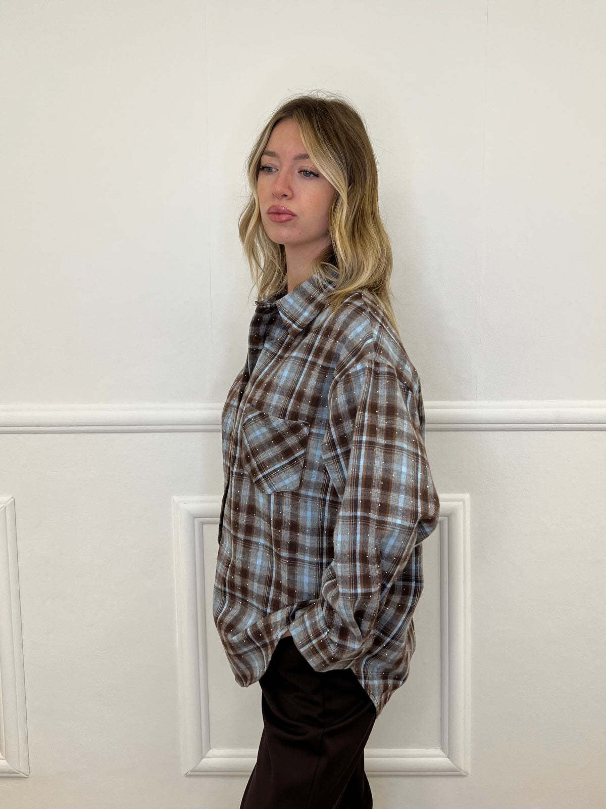Camicia Check Strass 19108 Azzurro e Marrone