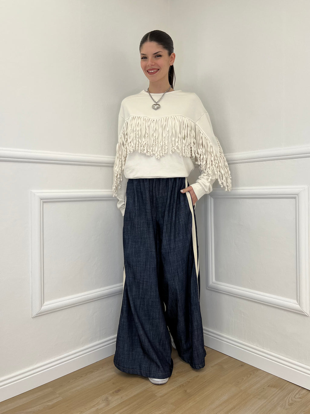 Pantalone Chambray Coulisse A7809 Blu