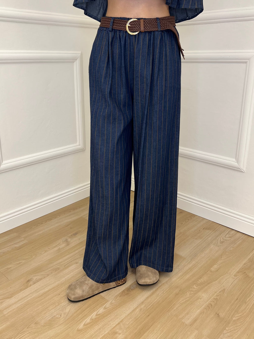Pantalone Palazzo Chambray Gessato P990 Blu
