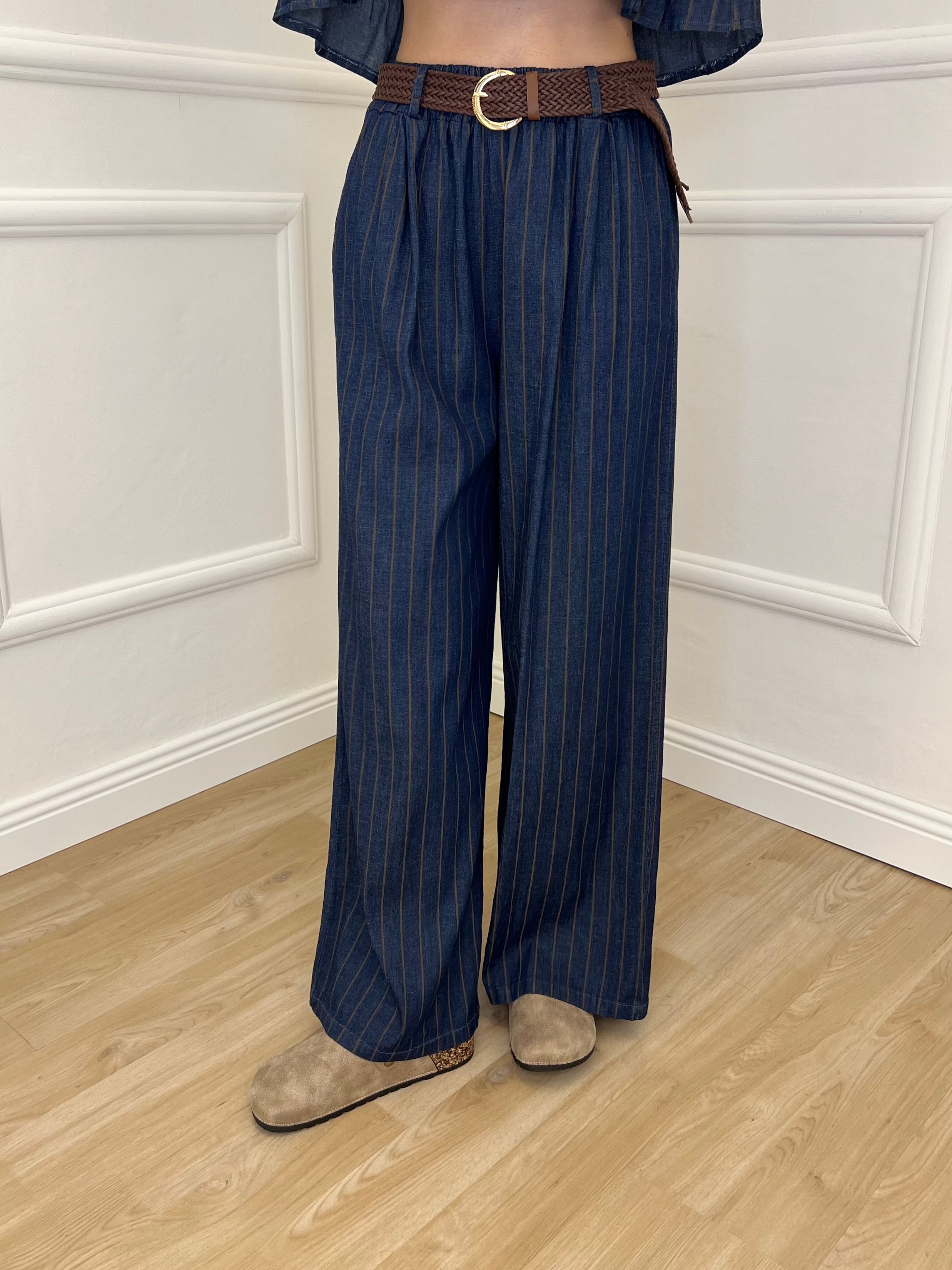 Pantalone Palazzo Chambray Gessato P990 Blu