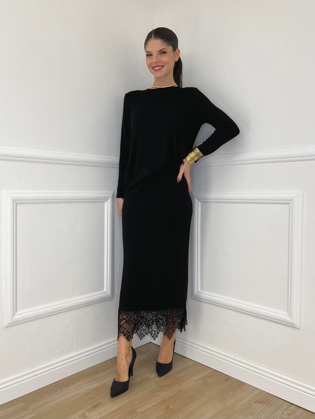 Gonna in Maglia Pizzo 2187 Nero