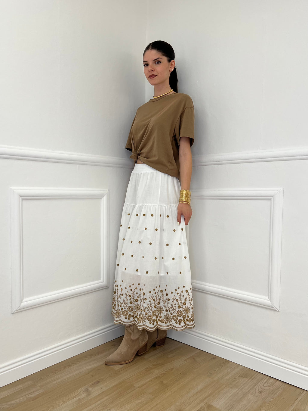 Gonna Midi Cotone Ricami 50138 Bianco