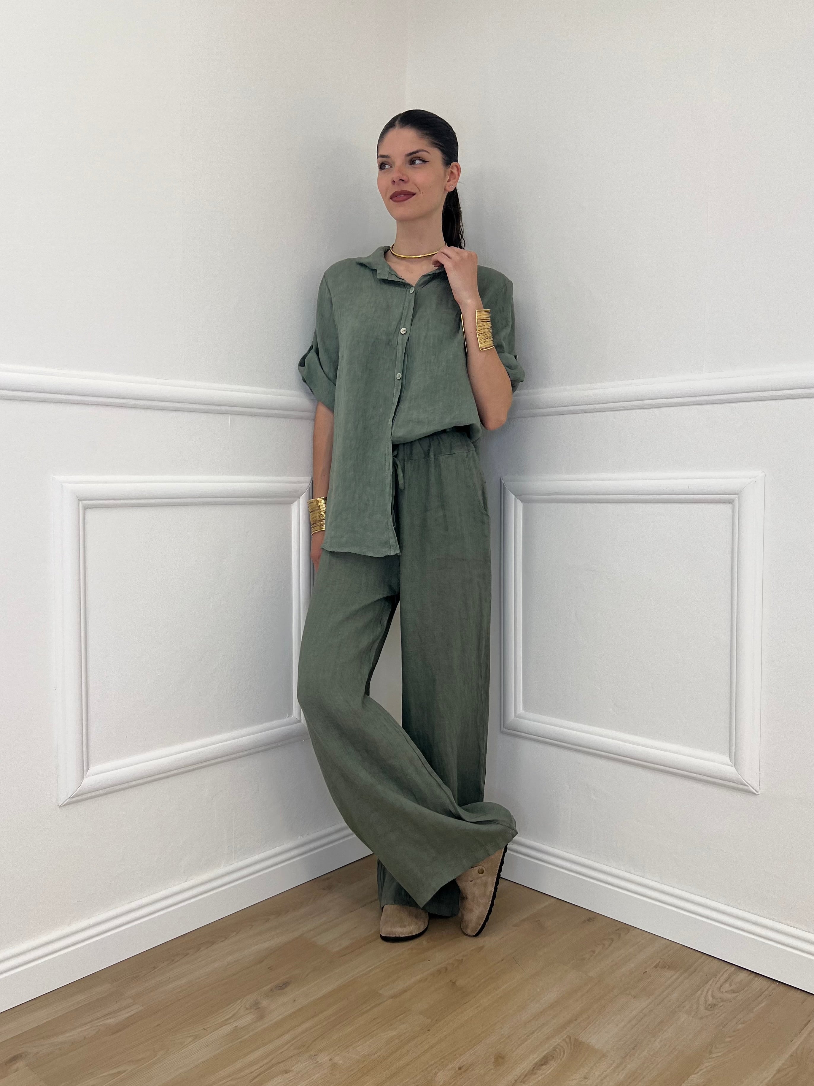 Pantalone Lino Coulisse 23216 Verde