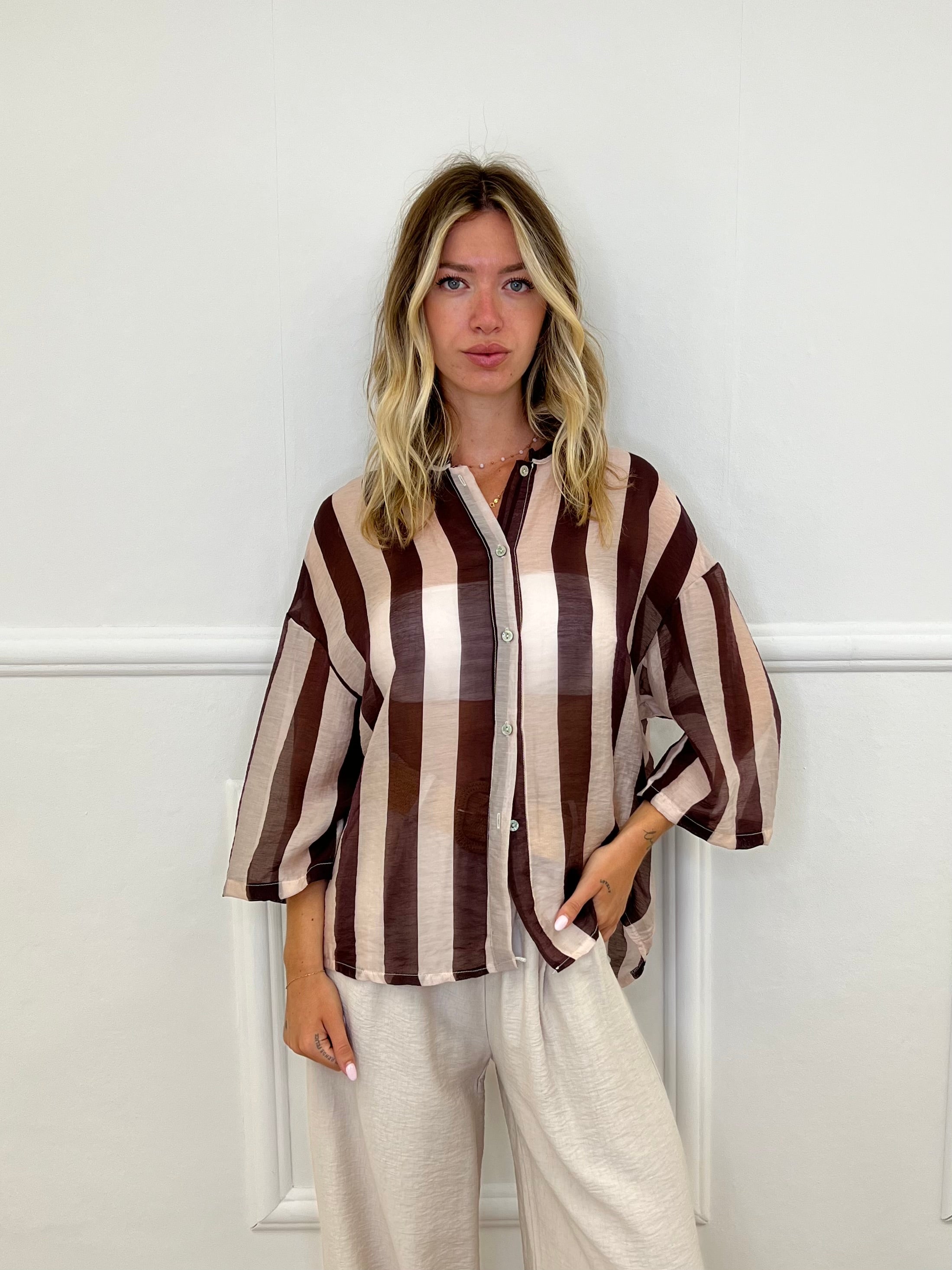 Camicia Over a Righe 2907 Marrone