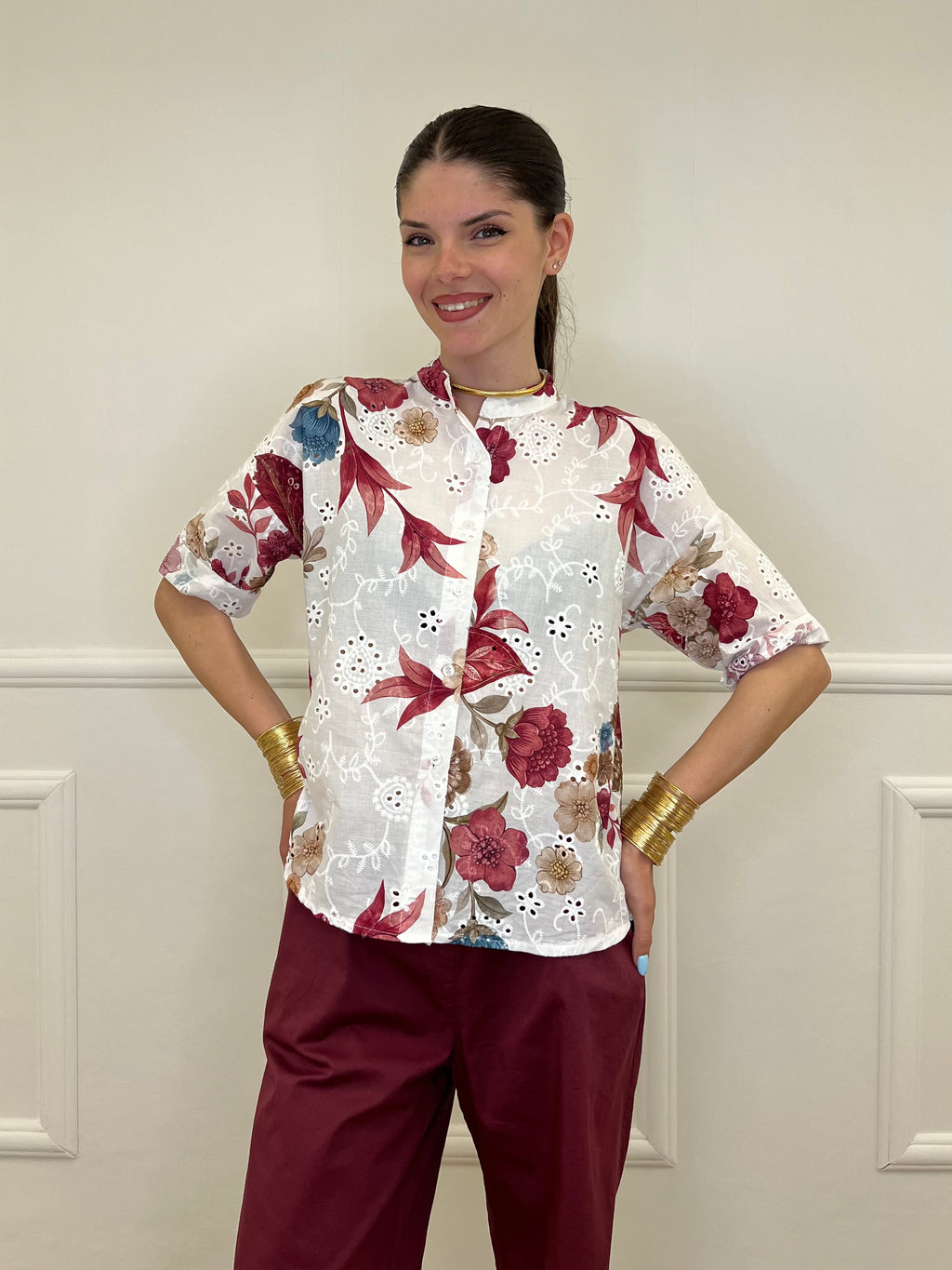 Camicia Fiori Inserti Sangallo 2340 Burgundy