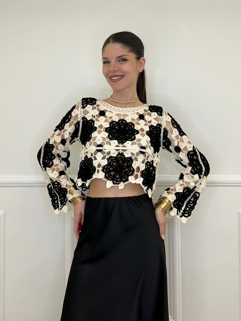 Maglia Macramè Crop Bicolor 48015 Nero