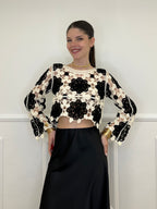 Maglia Macramè Crop Bicolor 48015 Nero