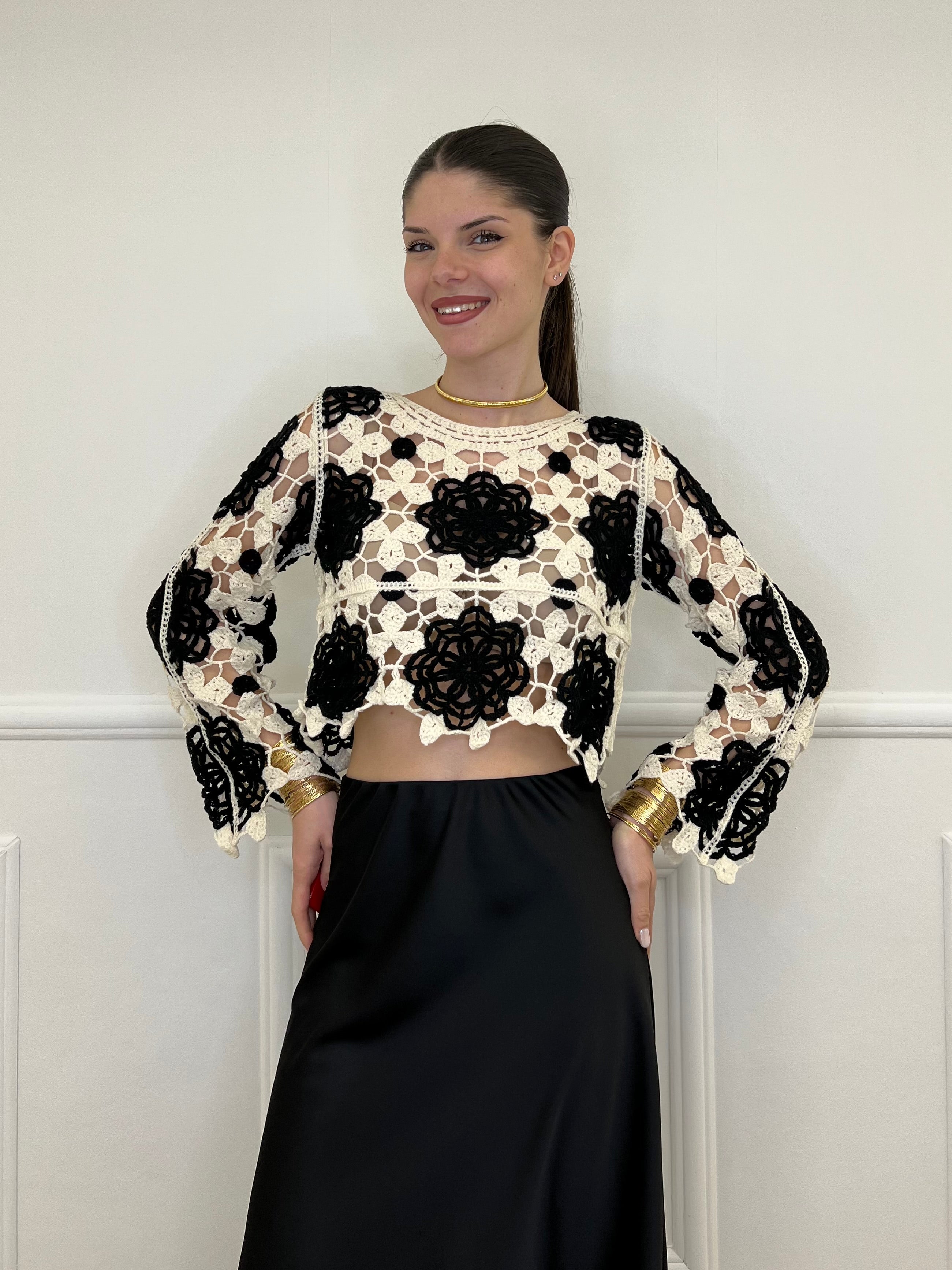 Maglia Macramè Crop Bicolor 48015 Nero